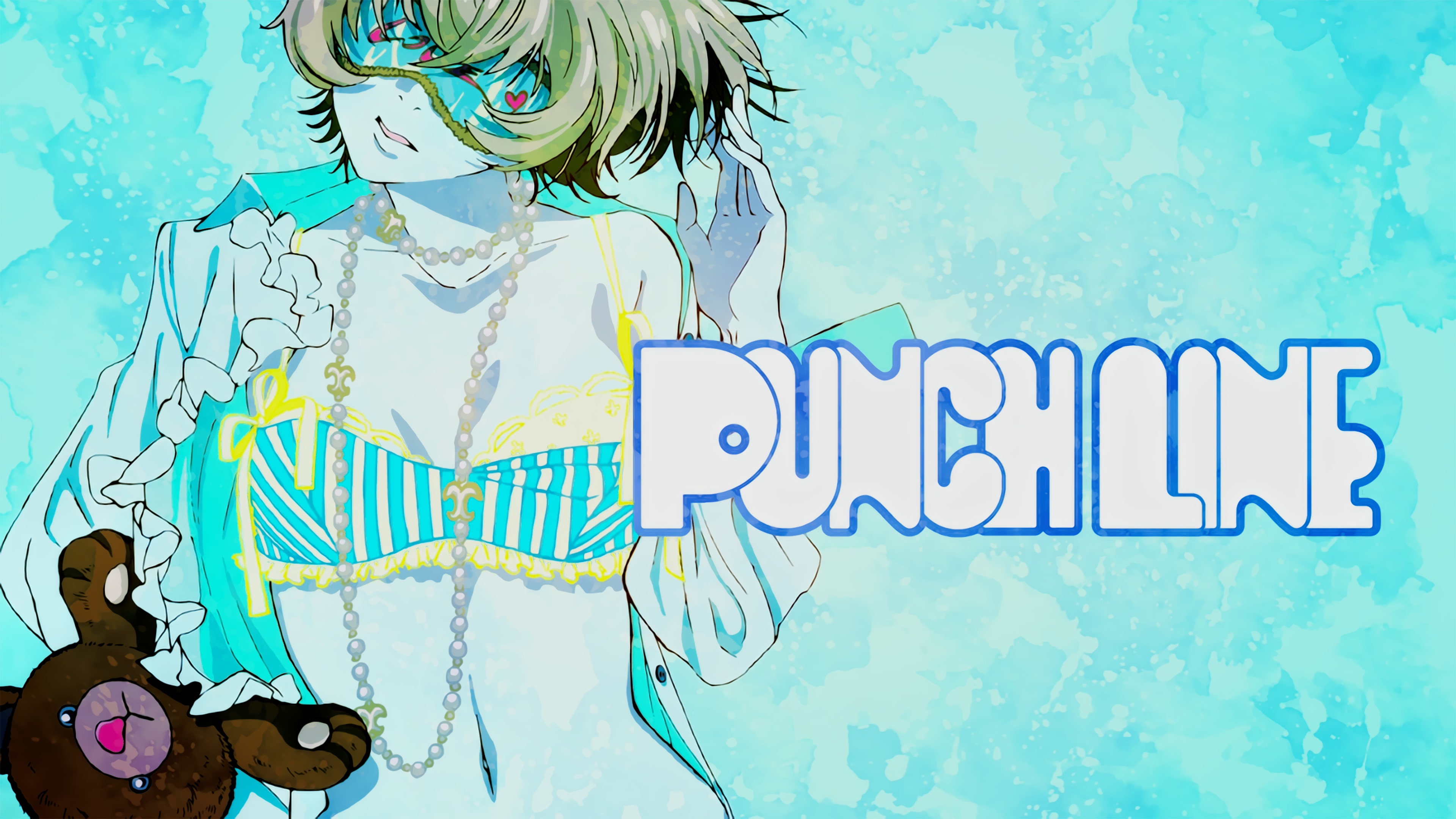 Anime 3840x2160 Punch Line anime girls teddy bears bra anime cyan DeviantArt cyan background underwear pearl necklace women blindfold