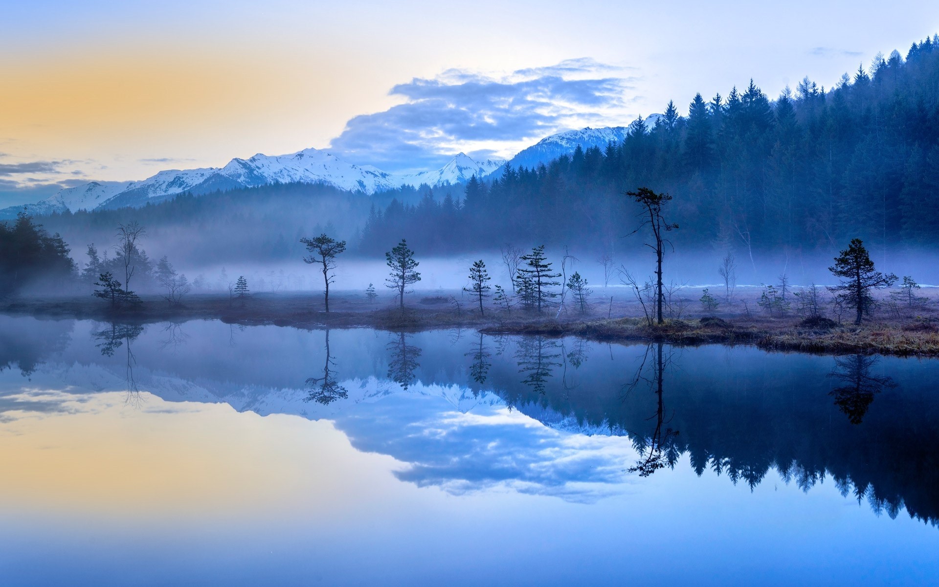 General 1920x1200 nature landscape mist lake forest mountains snowy peak blue water reflection Italy