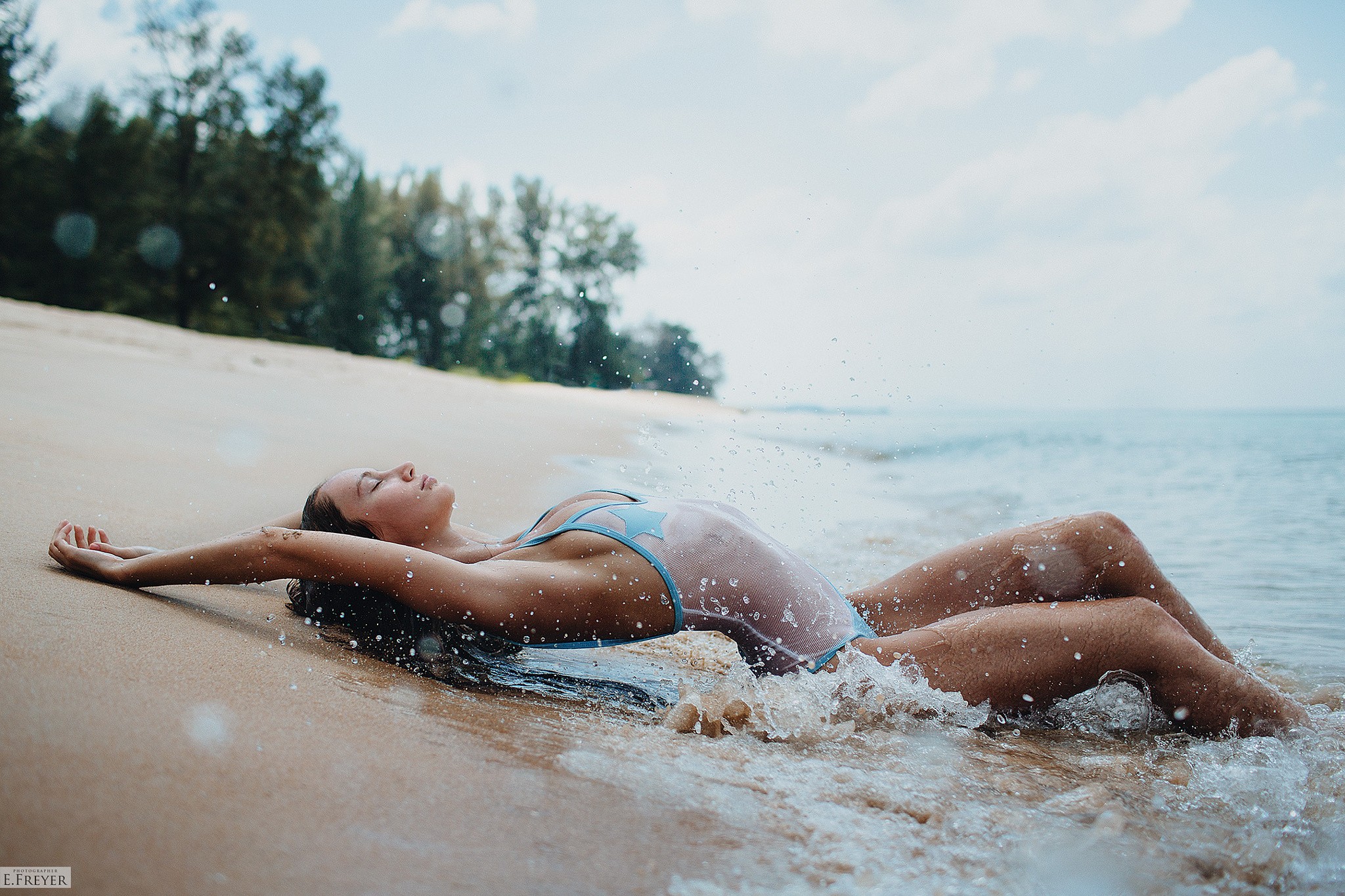 People 2048x1365 women one-piece swimsuit closed eyes water sand wet hair wet body wet clothing arched back armpits water drops sea Evgeny Freyer women outdoors women on beach swimwear boobs wet watermarked beach