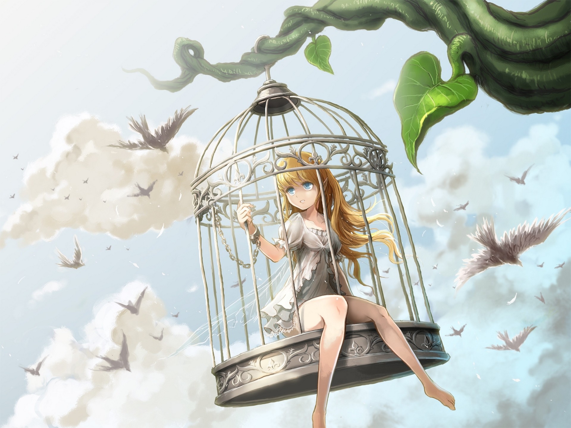 Anime 1920x1441 anime girls cages birdcage anime legs sitting blonde barefoot long hair aqua eyes leaves sky animals birds chains original characters artwork sunlight pointy ears collarbone clouds
