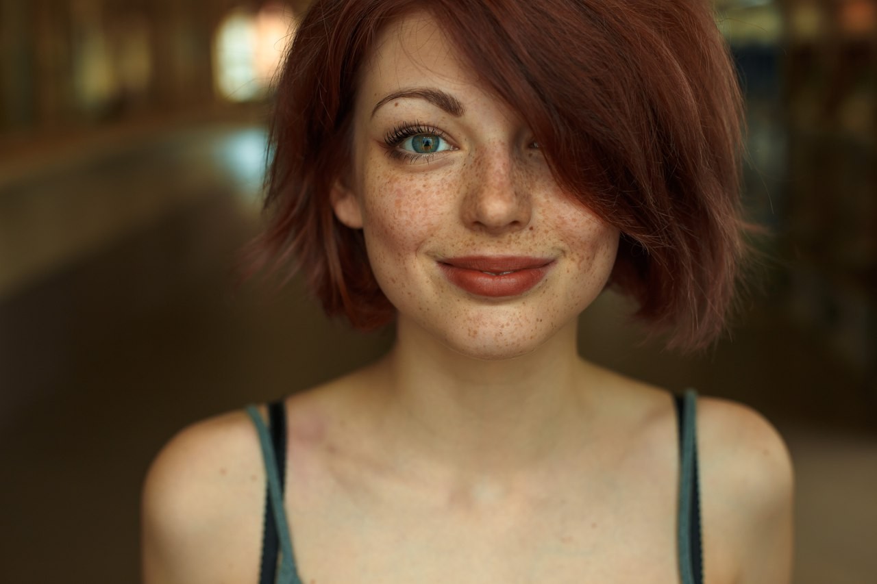 People 1280x853 women redhead freckles blue eyes Mayya Giter actress face closeup portrait smiling looking at viewer red lipstick