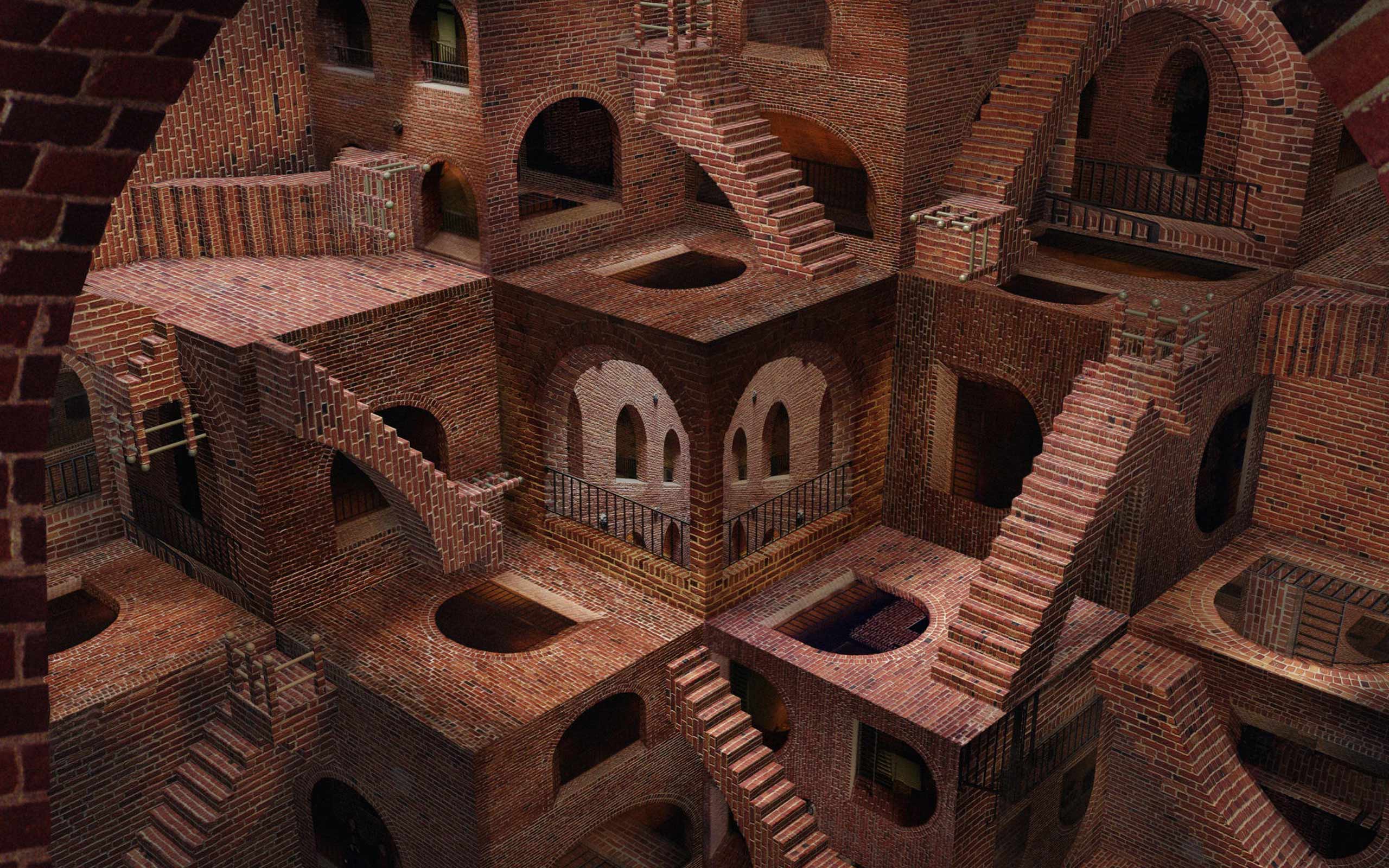 General 2560x1600 digital art optical illusion brown M. C. Escher stairs building bricks surreal fence arch CGI