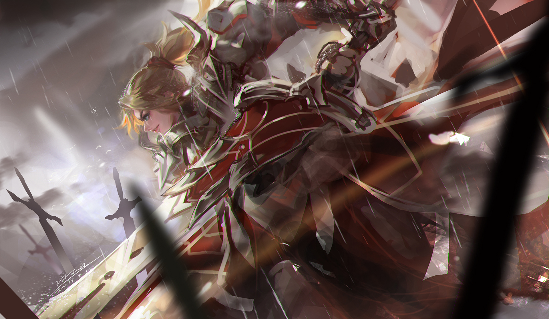 Anime 1920x1118 Fate series Fate/Apocrypha  anime girls Mordred (Fate/Apocrypha) armored woman women with swords 2D female warrior ponytail bangs rain anime fantasy armor sword overcast dutch tilt Fate/Grand Order fan art side view blue eyes smiling parted lips looking away blonde