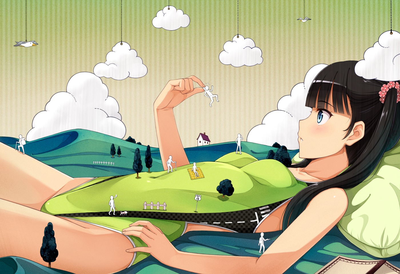 Anime 1400x960 anime anime girls green swimsuit giantess blue eyes