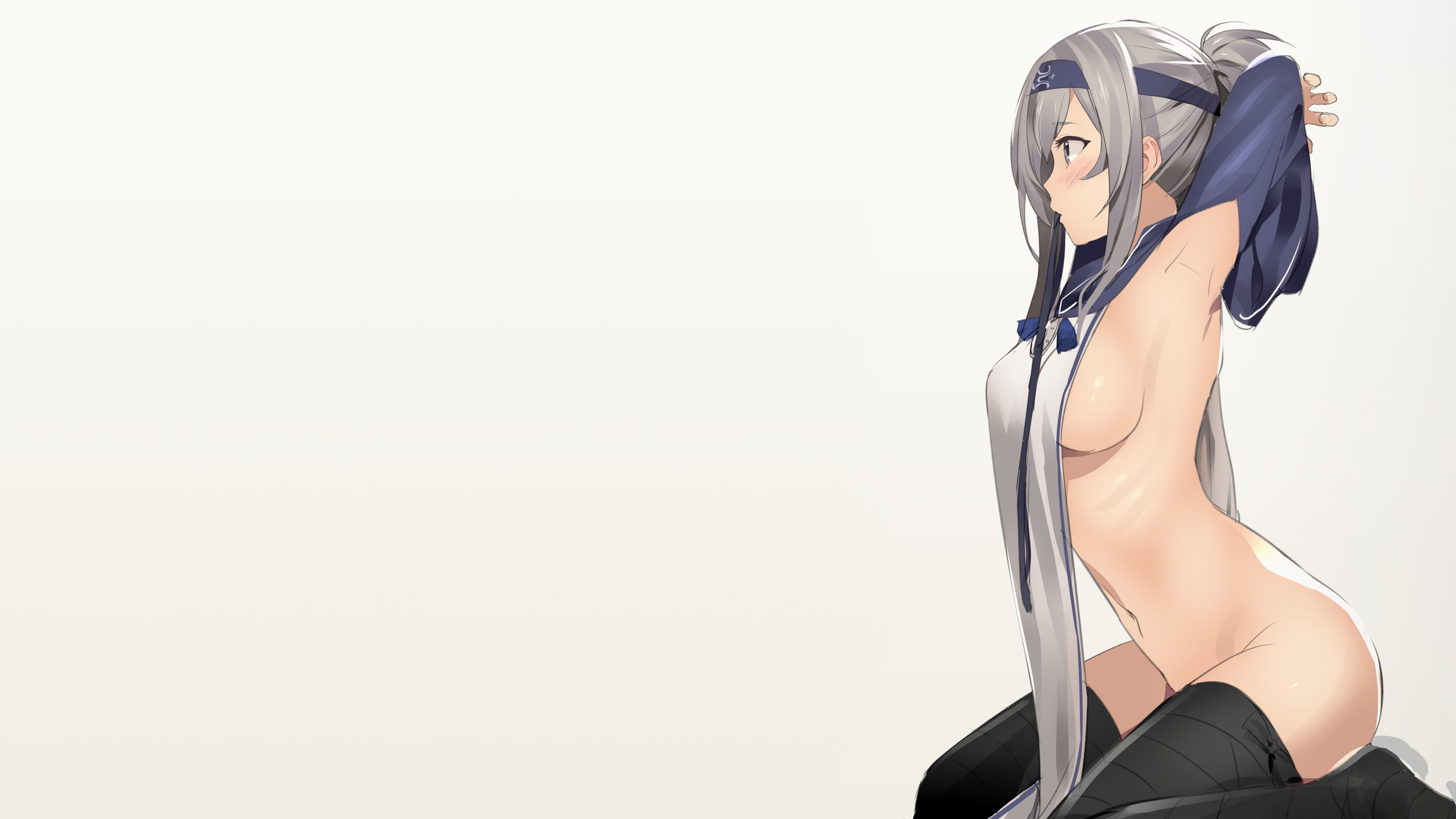 Anime 3500x1969 Kamoi (Kancolle) Kantai Collection anime girls thigh-highs sideboob ponytail armpits gray hair belly belly button nopan no bra arms up blushing thighs kneeling sitting partially clothed boobs women anime white background simple background