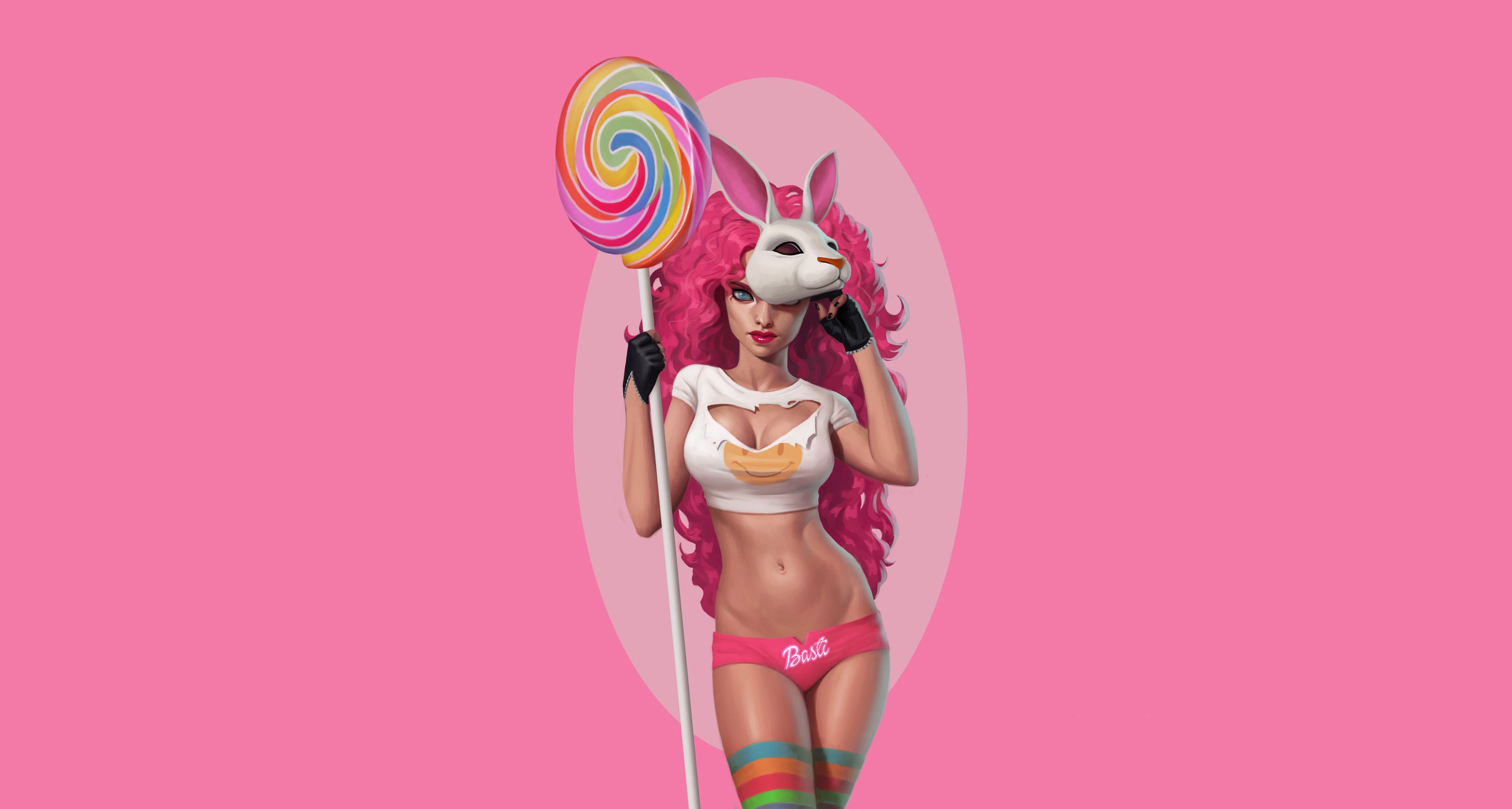 General 2510x1344 artwork women mask panties pink hair rabbits pink background simple background digital art