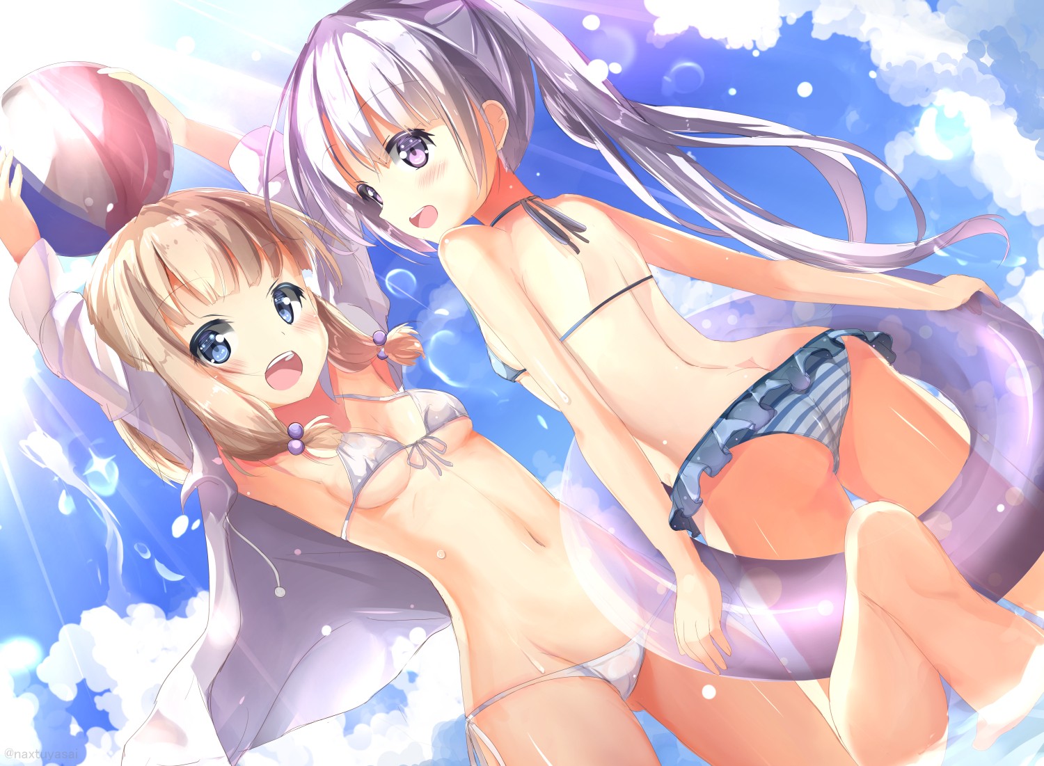 Anime 1500x1101 New Game!  Nene Sakura Aoba Suzukaze ball sky clouds bikini anime girls loli