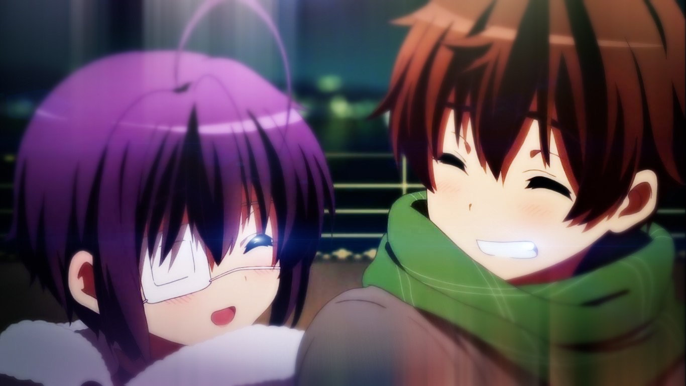 Anime 1366x768 Chuunibyou demo Koi ga Shitai! Takanashi Rikka Togashi Yuuta anime boys anime girls purple hair eyepatches smiling