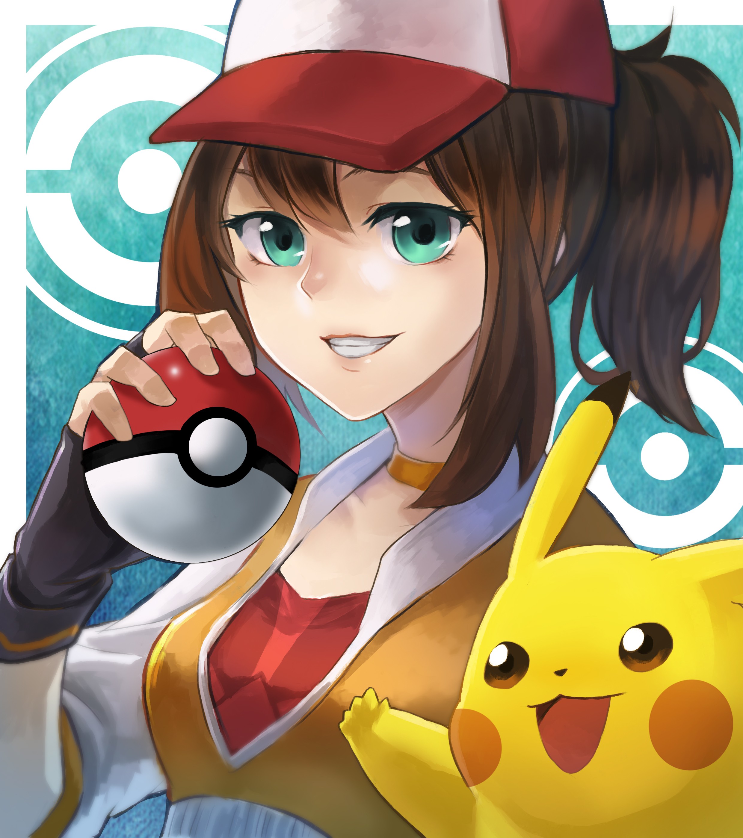 Anime 2480x2798 anime anime girls Pokémon Pokemon Go Pokémon trainers long hair brunette aqua eyes Pikachu baseball cap