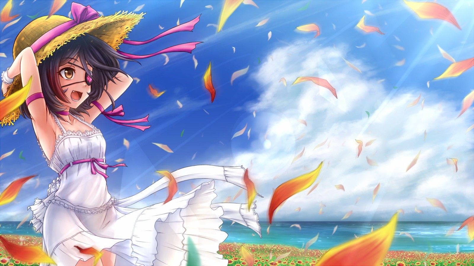 Anime 1600x900 THE iDOLM@STER: Cinderella Girls sky clouds petals white dress short hair sunflowers blue hair fangs smiling sun rays