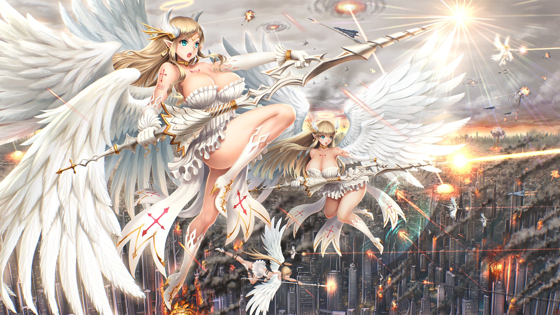 Anime 1920x1080 anime anime girls long hair blonde wings aqua eyes elves legs city angel