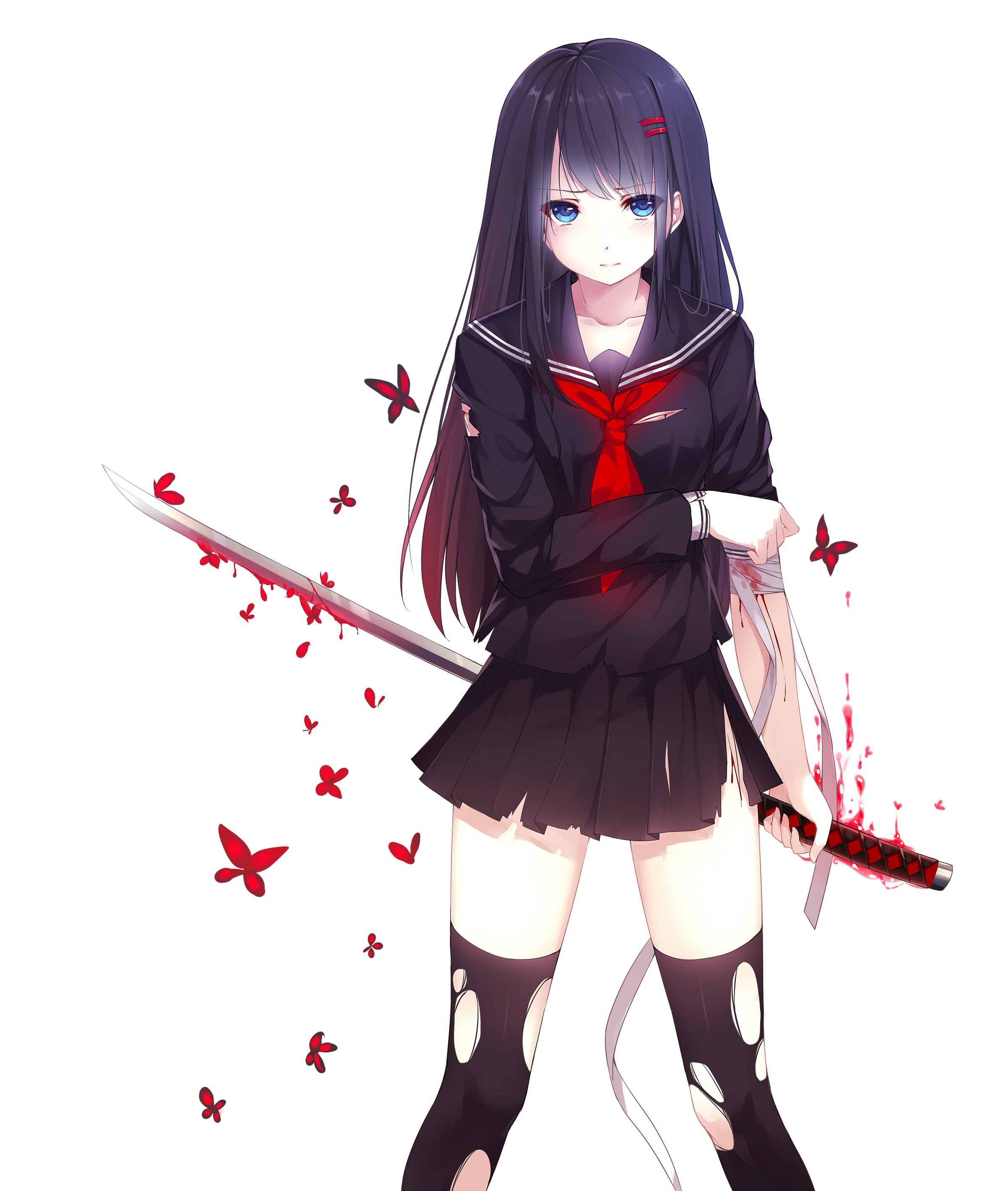 Anime 2400x2834 sword blood katana school uniform