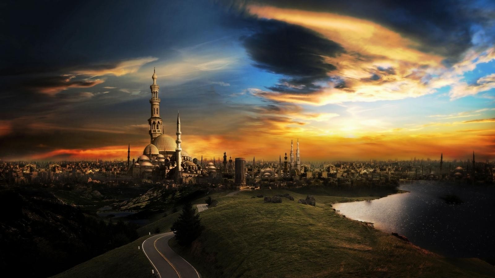 General 1600x900 cityscape road Arabic sky sunlight fantasy art
