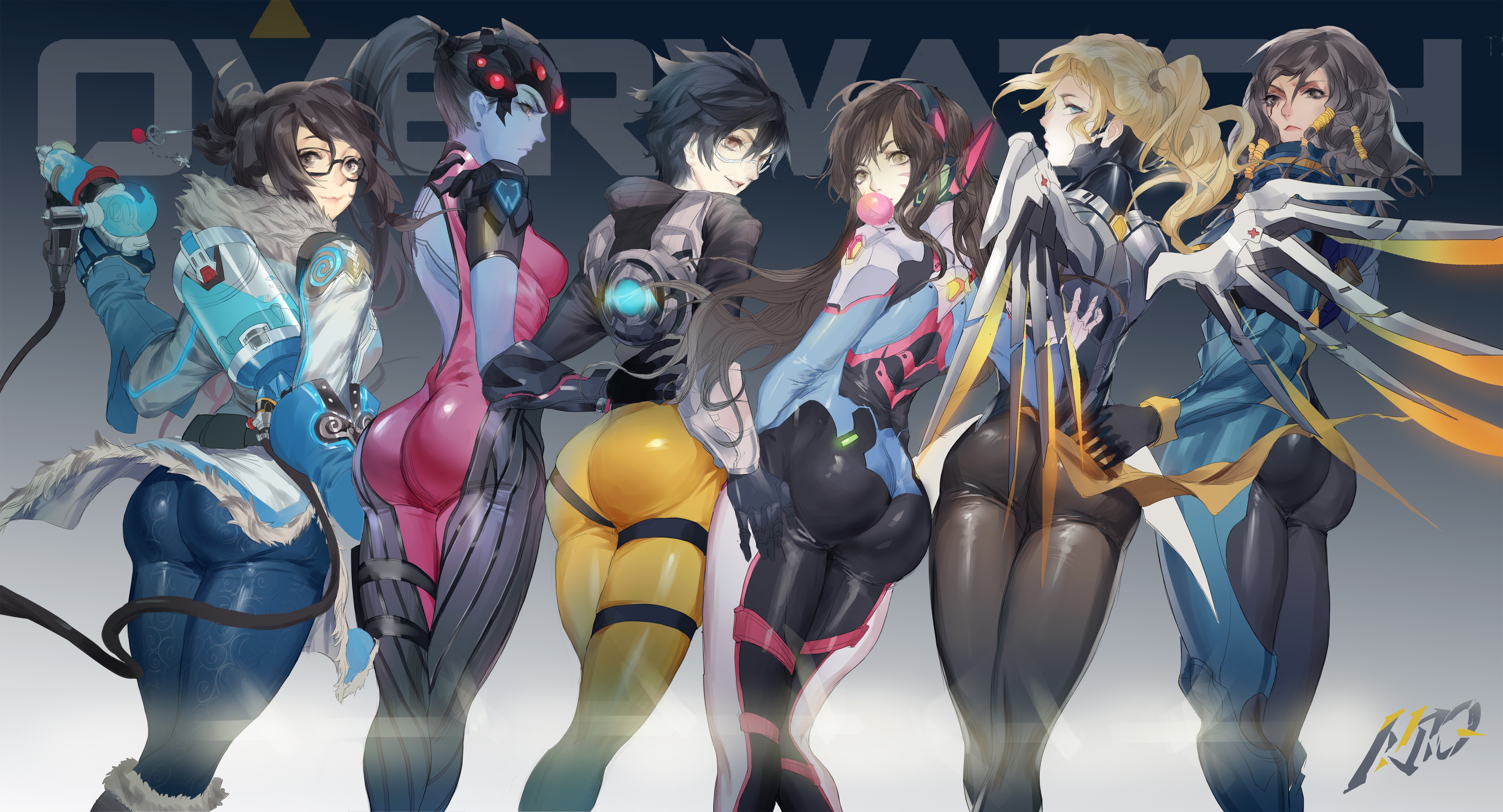 Anime 5552x3000 anime anime girls D.Va (Overwatch) Mei (Overwatch) Mercy (Overwatch) Tracer (Overwatch) Widowmaker (Overwatch) ass bodysuit gun weapon headphones wings long hair short hair glasses blonde black hair brunette Pharah (Overwatch) rear view group of asses PC gaming video game girls food sweets bubble gum video game characters standing