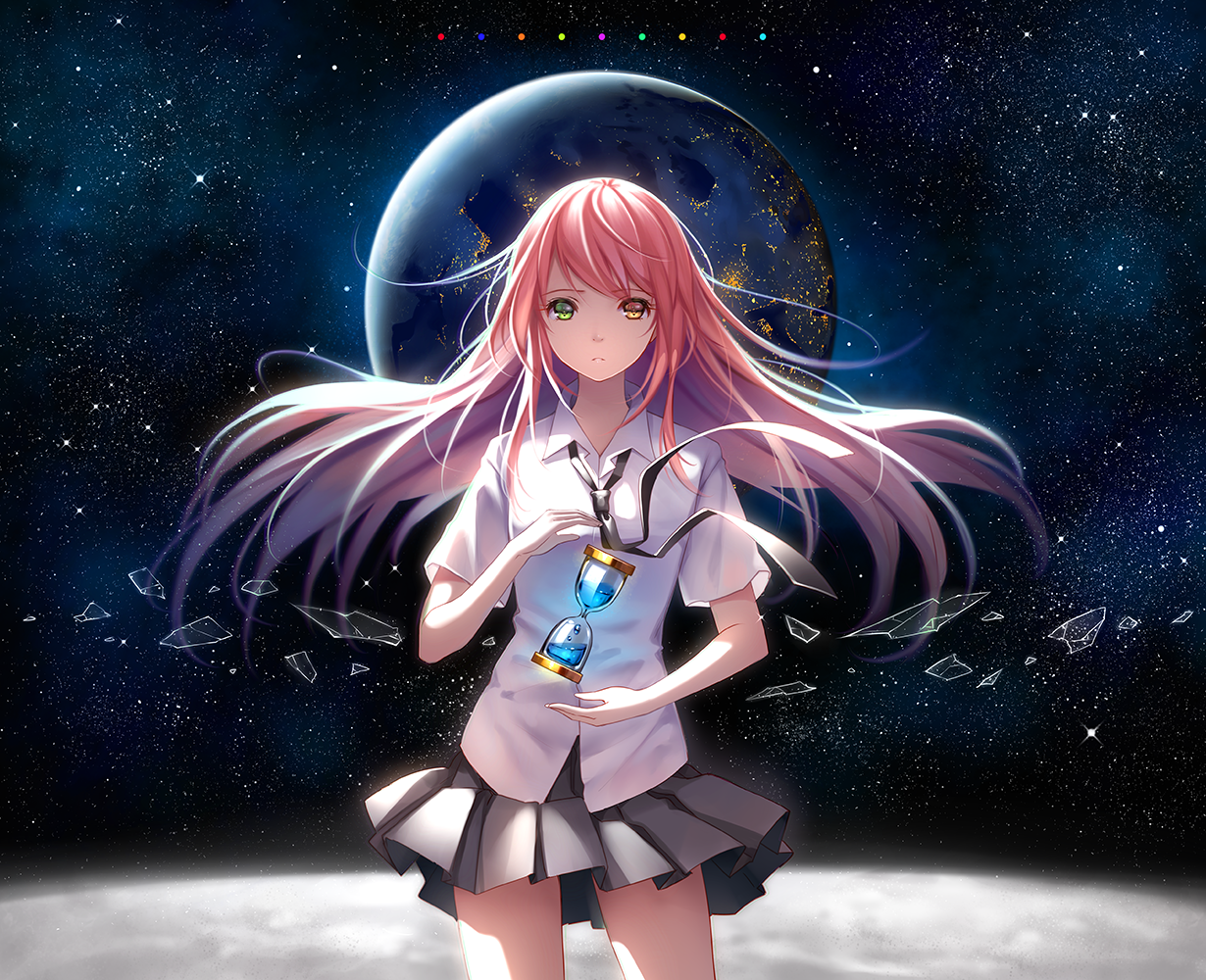 Anime 1230x1000 pink hair universe Earth hourglasses anime girls artwork heterochromia women anime skirt space planet tie black skirts looking at viewer