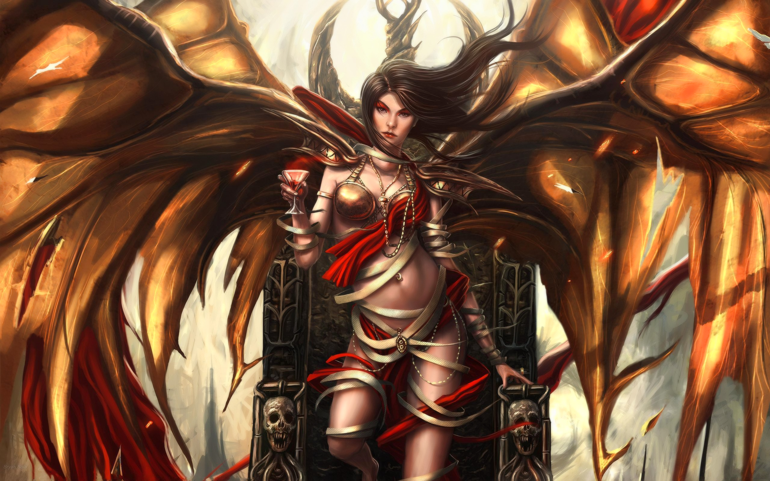 General 2560x1600 demon demon girls fantasy art wings throne wavy hair