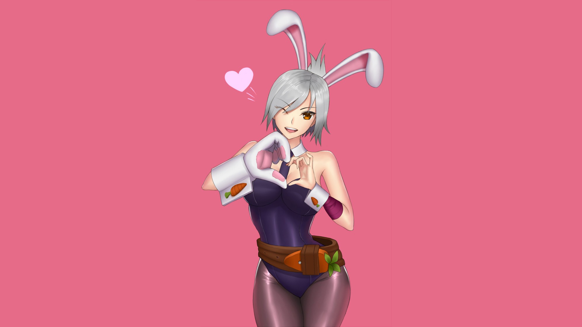 General 1992x1120 League of Legends Riven (League of Legends) PC gaming anime anime girls video game art video game girls erotic art  bunny ears bodysuit standing simple background pink background one eye closed
