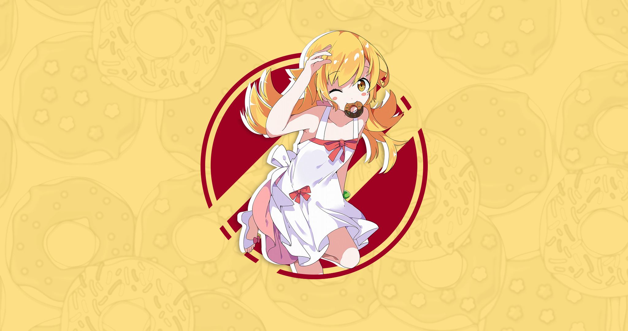 Anime 2048x1080 Monogatari Series Oshino Shinobu anime anime girls vampires blonde long hair yellow eyes pale doughnuts donut