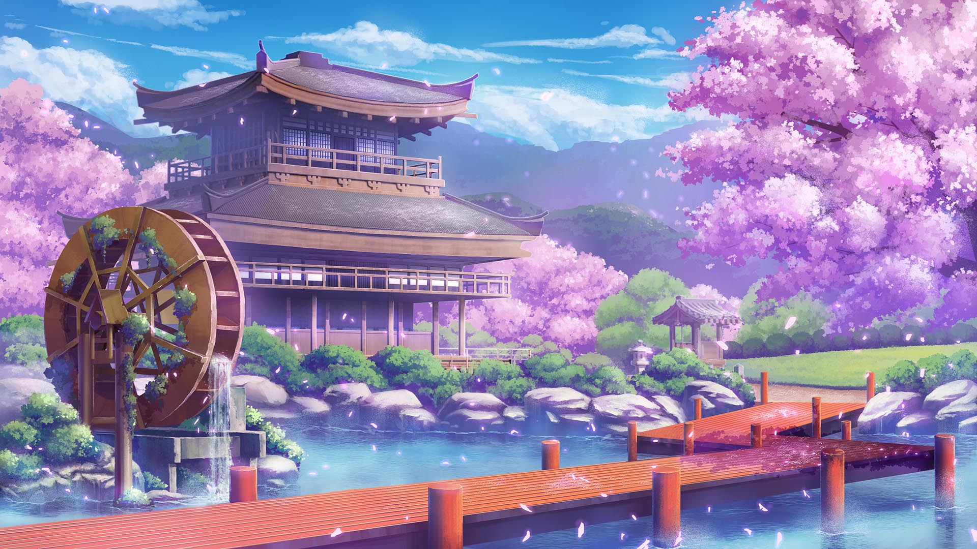 Anime 1920x1080 water trees mountains watermills clouds anime