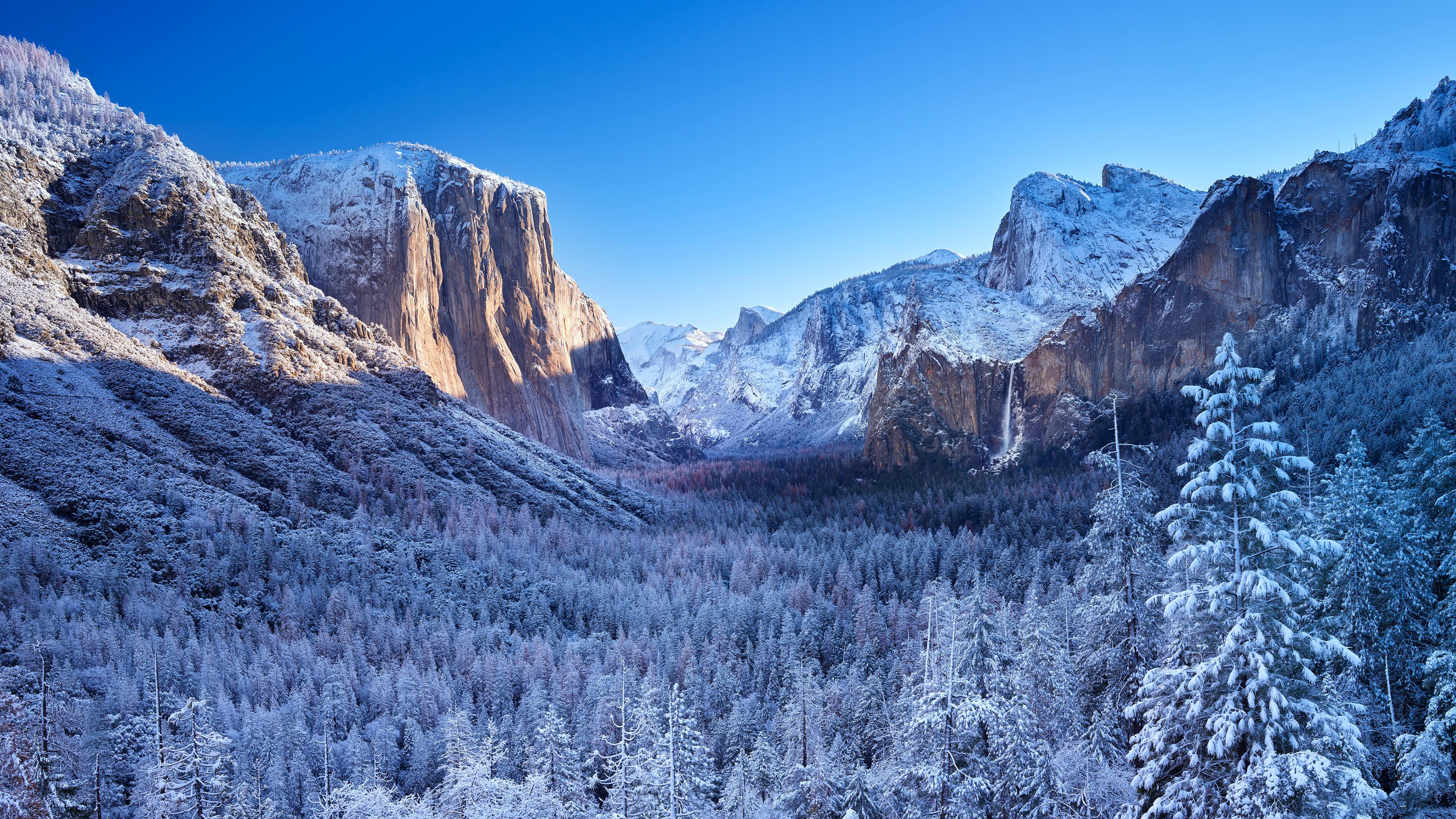 General 3840x2160 nature landscape mountains sky winter trees forest clear sky snowy mountain snow Yosemite National Park valley California USA