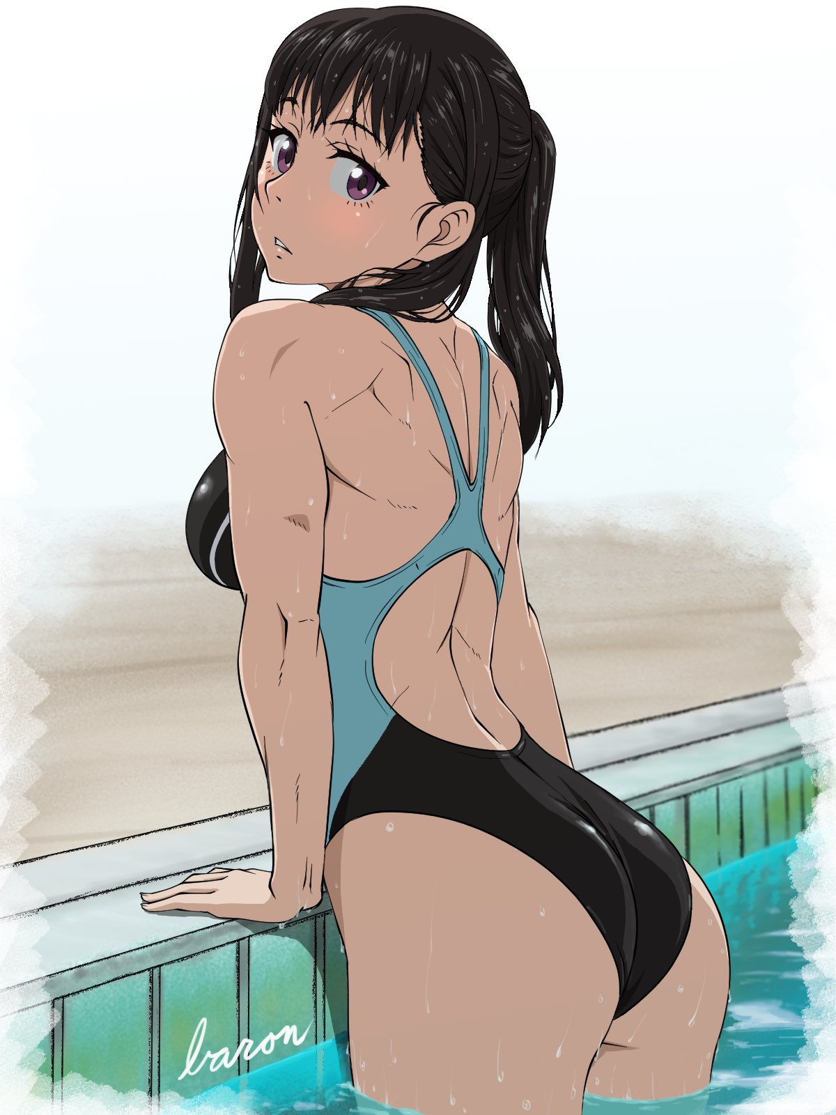Anime 1200x1600 Enen no Shouboutai muscles biceps black swimsuit competition swimsuit muscular one-piece swimsuit ponytail long hair looking back black hair thighs swimming pool summer 2D Maki Oze wet body sideboob looking at viewer purple eyes portrait display fan art anime anime girls watermarked blushing embarrassed bare shoulders ecchi wet hair Baron (artist) ass signature