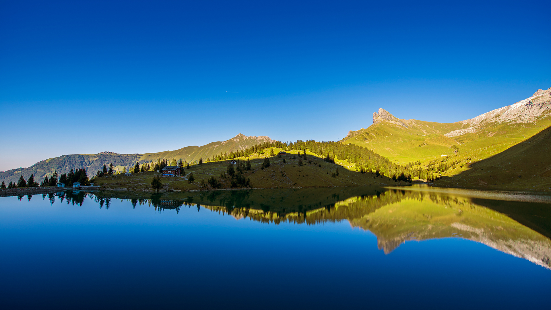 General 1920x1080 reflection lake mountains trees clear sky nature calm waters sky blue blue sky sunlight
