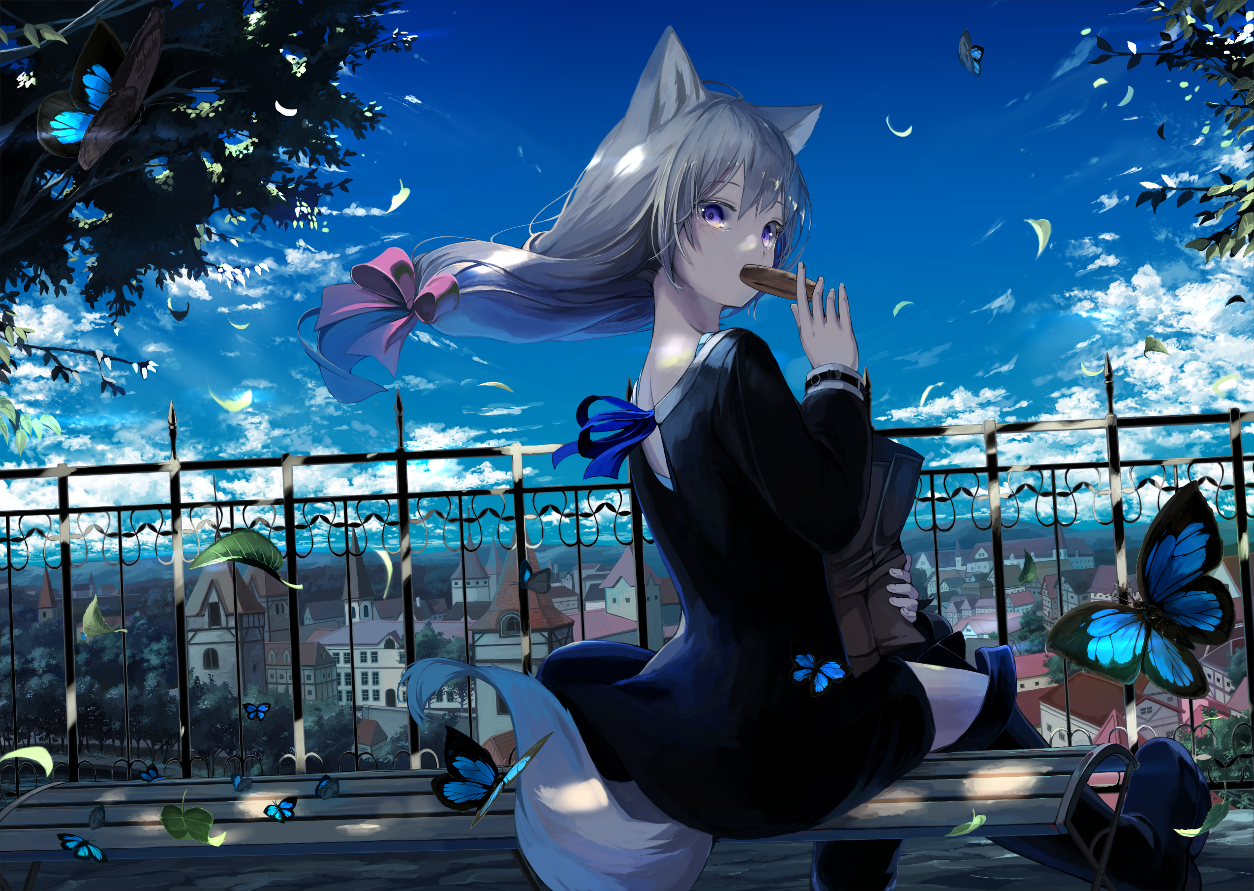 Anime 2549x1811 butterfly fence trees dappled sunlight wind wolf ears town tail eating leaves sky purple eyes hair accessories bench anime girls