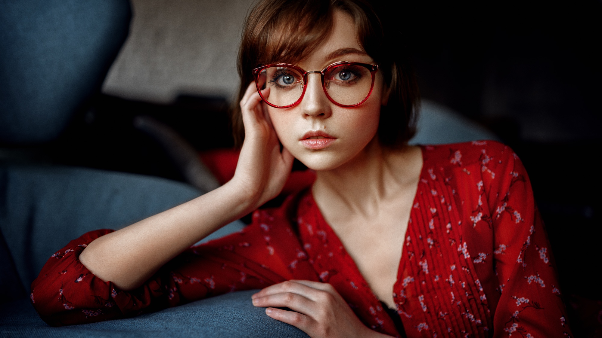 People 2000x1125 Olya Pushkina women model brunette blue eyes women with glasses glasses touching face looking at viewer face portrait bokeh indoors women indoors Georgy Chernyadyev touching glasses
