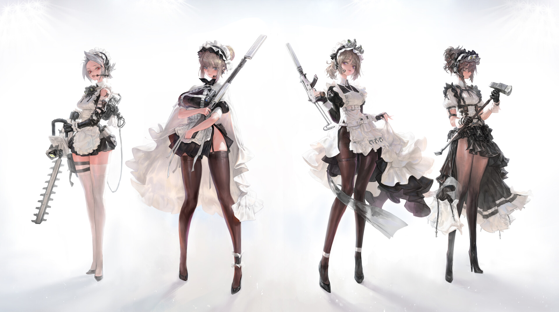 Anime 1920x1072 anime anime girls simple background white background girls with guns group of women legs stockings weapon standing heels thigh-highs pantyhose maid outfit AGOTO Combat Maid (AGOTO)