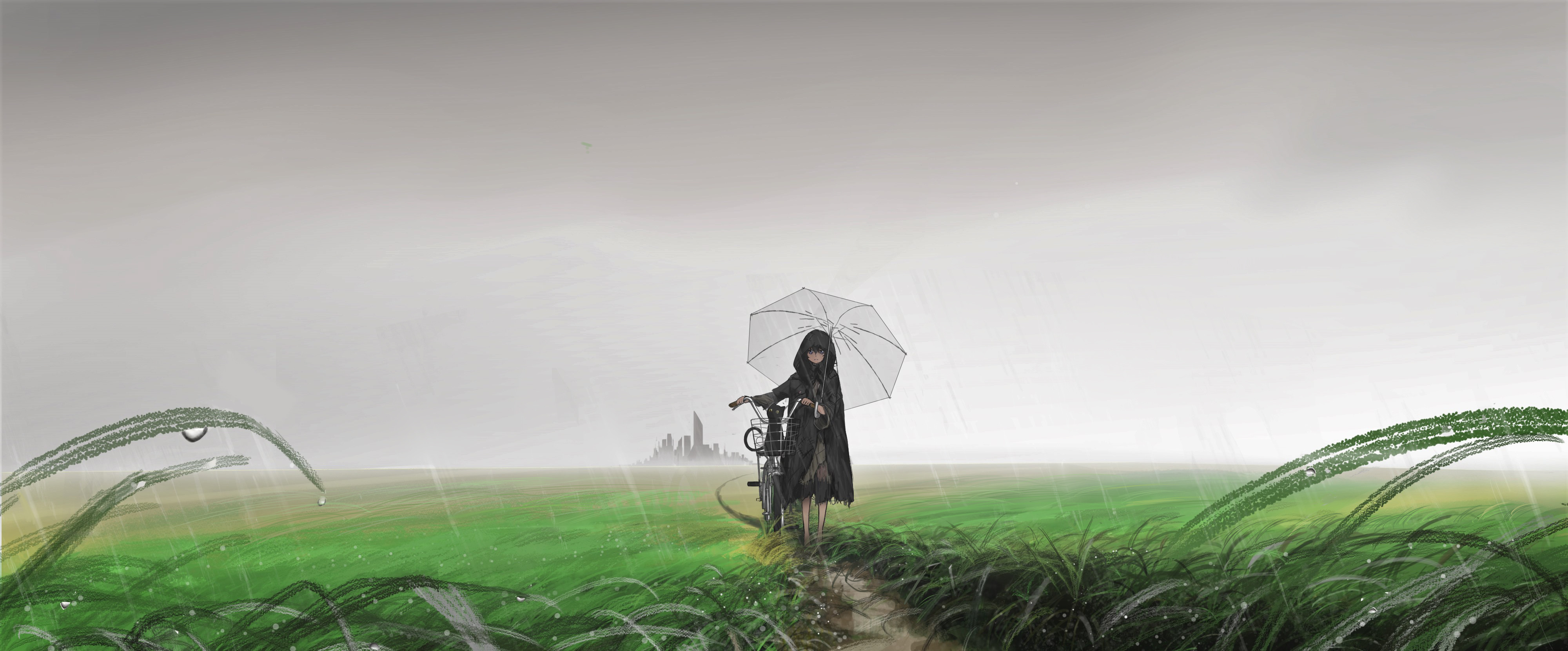 Anime 4000x1660 anime girls original characters umbrella rain field bicycle cats grass