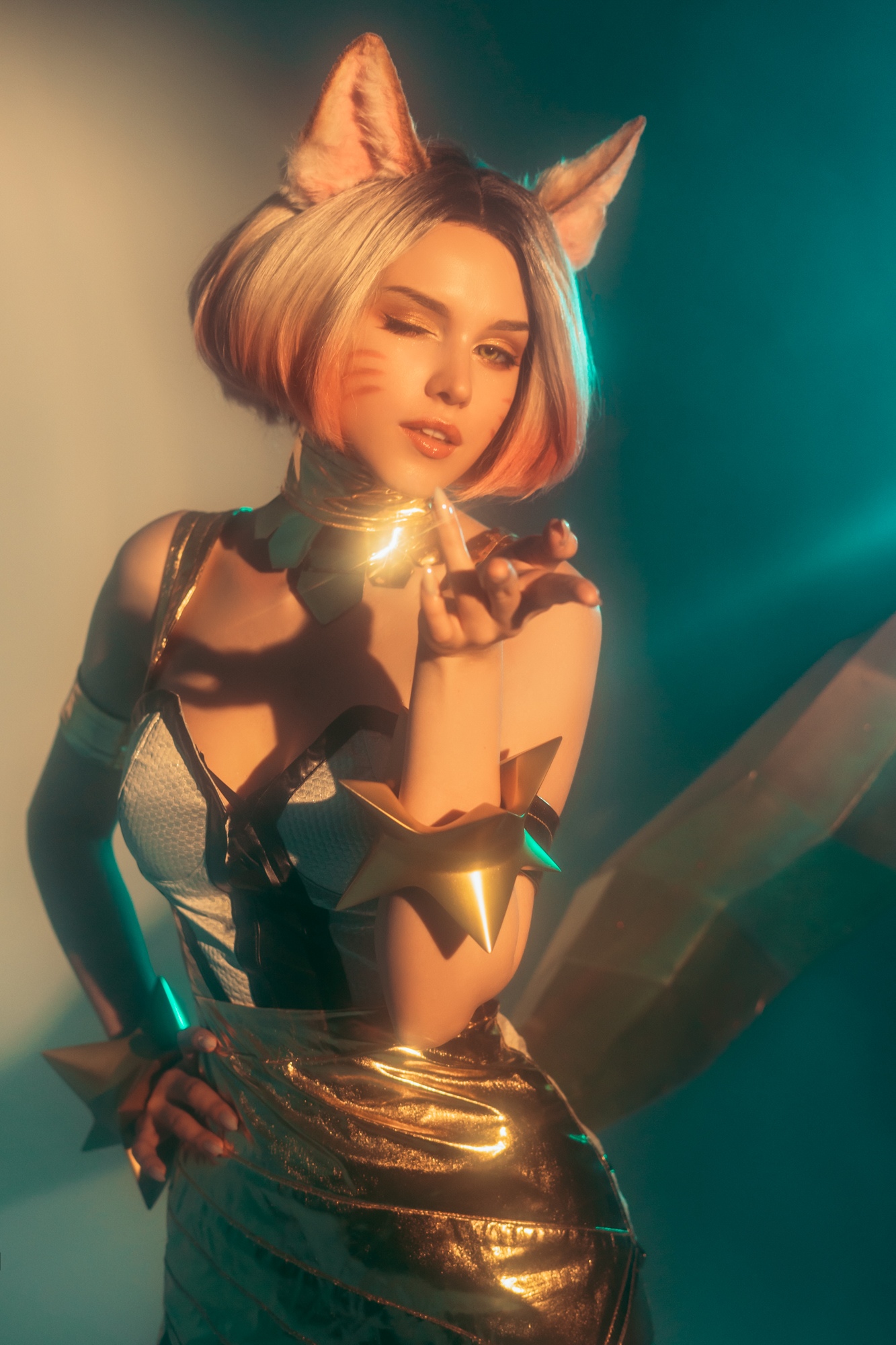 People 1333x2000 women model cosplay League of Legends Shirogane Sama video games video game girls video game characters KDA Ahri Ahri (League of Legends) indoors women indoors wink looking at viewer short hair animal ears parted lips simple background Russian women