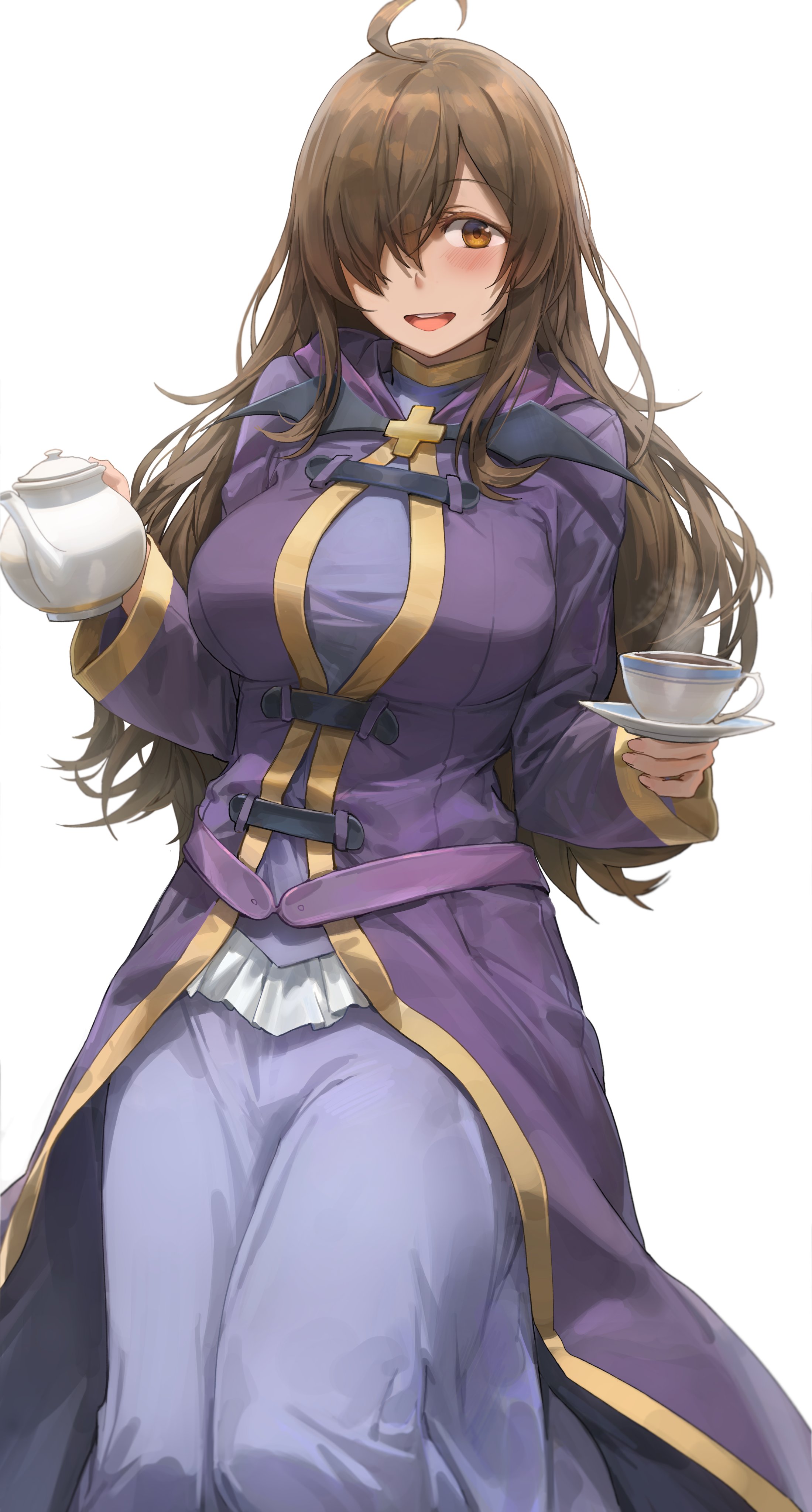 Anime 2199x4096 Kono Subarashii Sekai ni Shukufuku wo! anime girls purple dress tea time cup ahoge teapot bangs thighs thick thigh curvy the gap Wiz (Konosuba) anime 2D portrait display Yohan1754