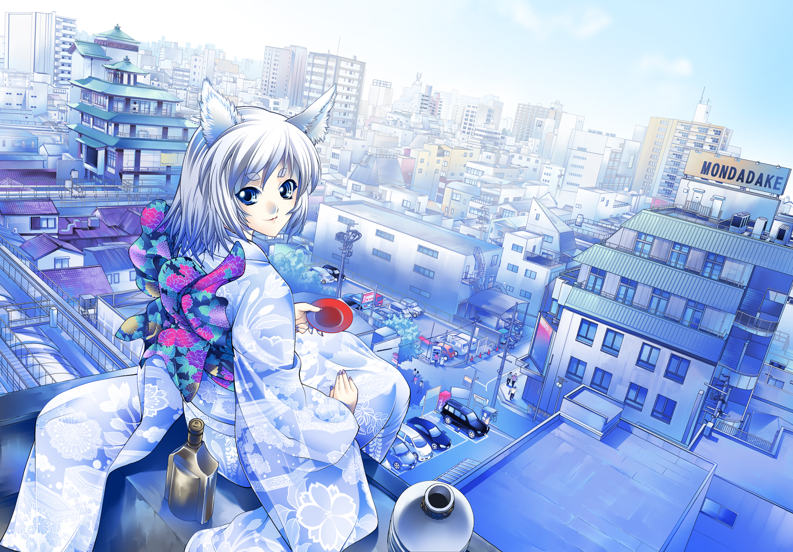 Anime 1600x1113 2D artwork anime girls animal ears silver hair Japanese clothes kimono blue eyes cityscape GEN