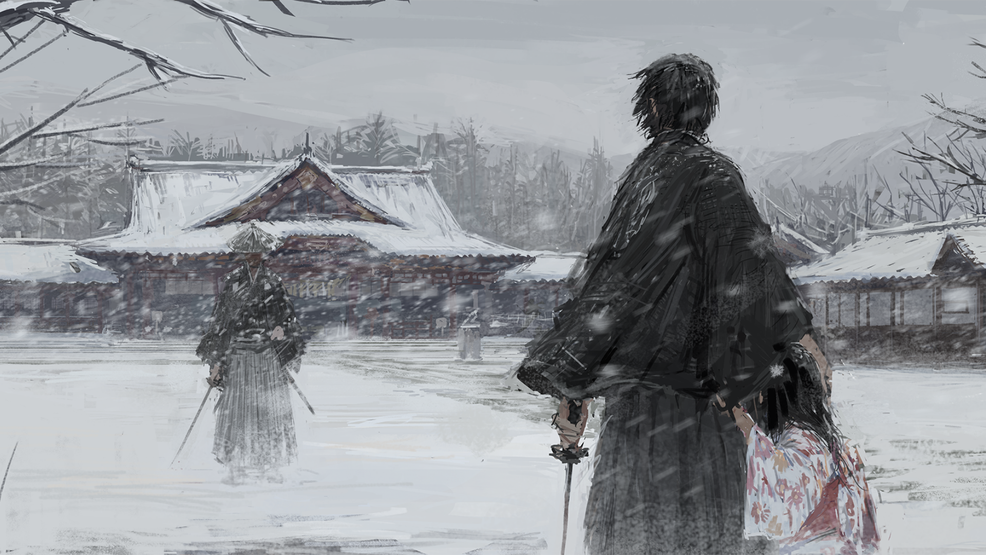 General 1920x1080 digital art samurai snow building Duel trees