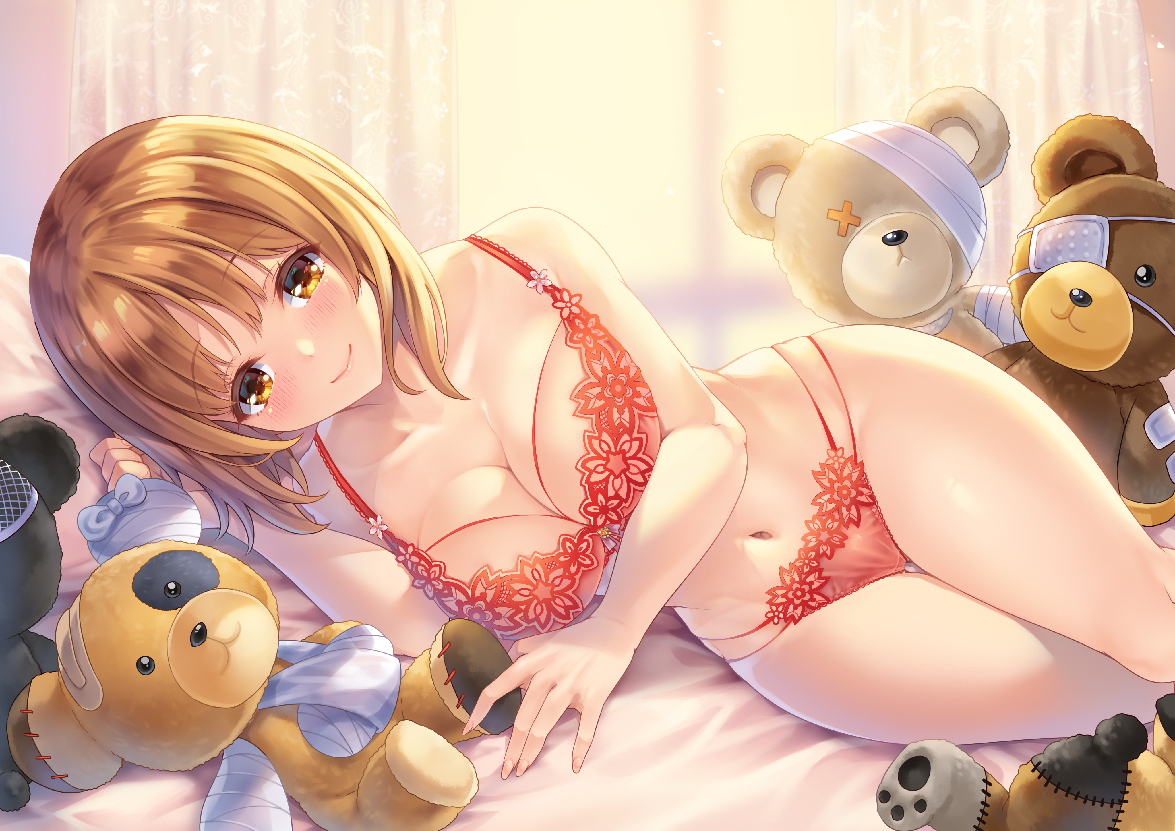 Anime 4093x2894 Nishizumi Miho short hair underwear panties belly thighs yellow eyes teddy bears cleavage brunette bra in bed blushing smiling Girls und Panzer anime girls Makirin