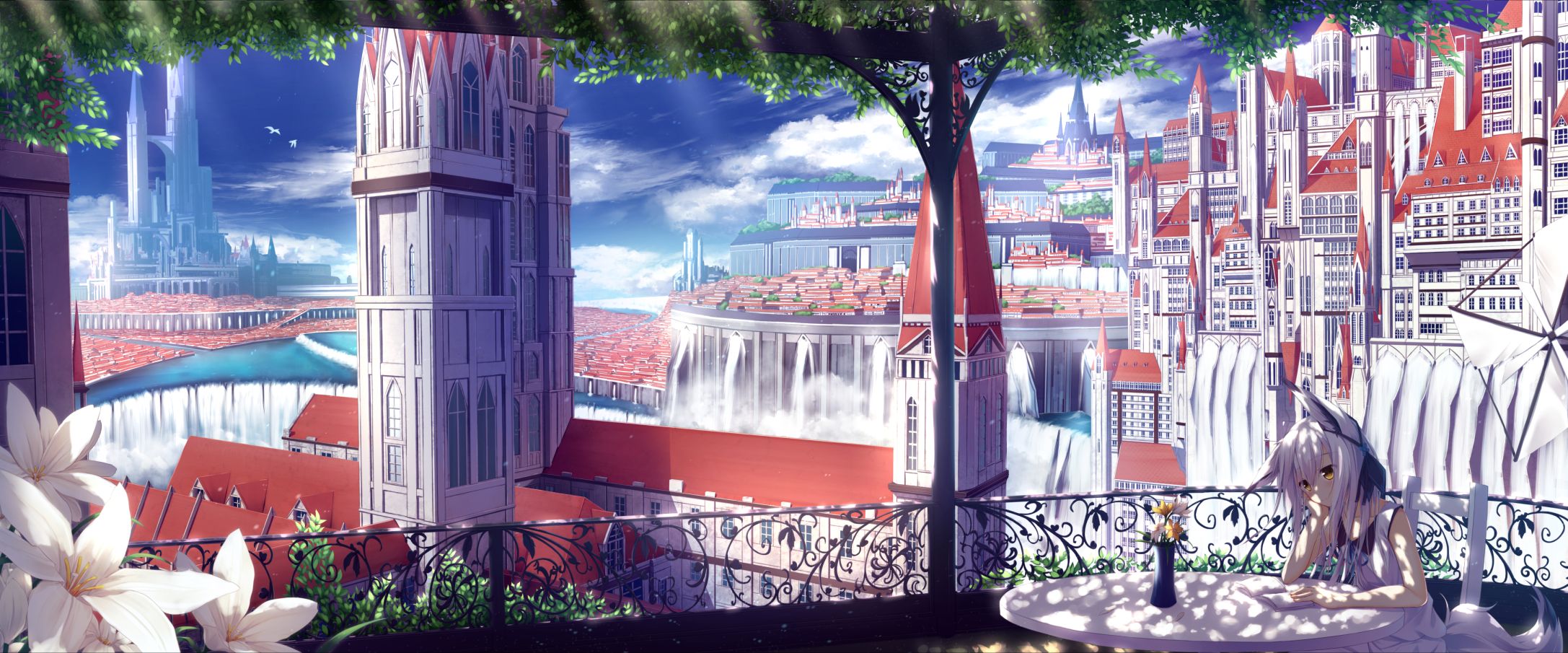 Anime 2174x905 anime anime girls city water waterfall sitting flowers plants fence table books reading arm support long hair white hair animal ears brown eyes tail kites clouds