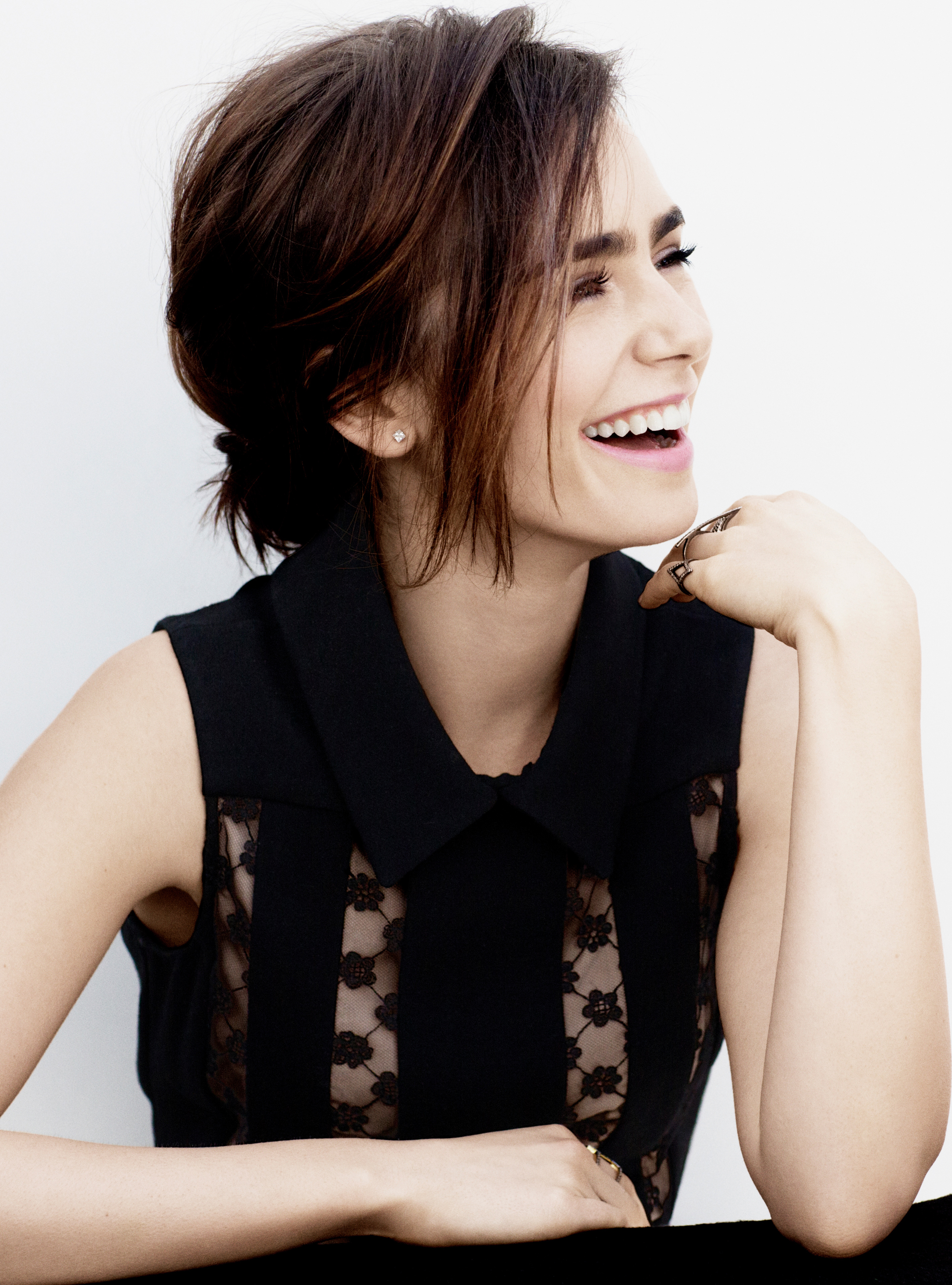 People 2845x3840 Lily Collins actress women brunette laughing see-through blouse portrait display simple background