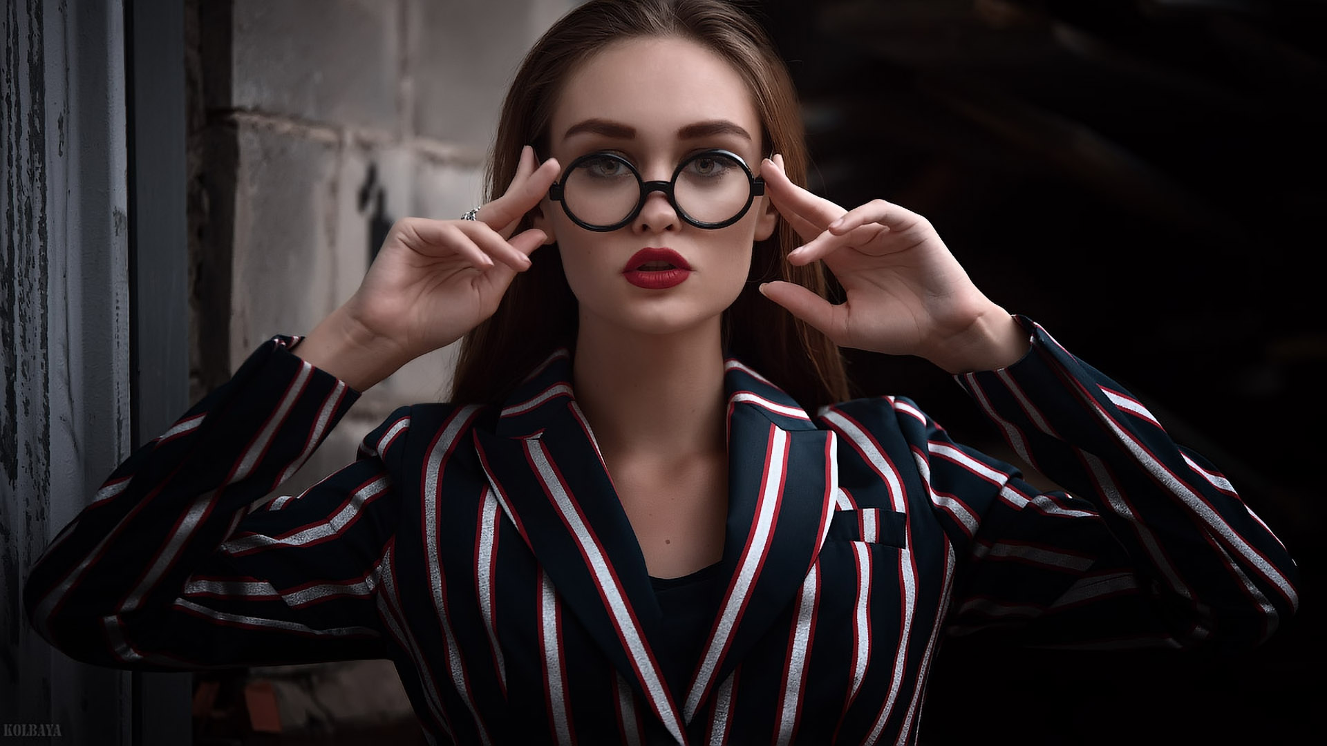 People 1920x1080 women portrait women with glasses red lipstick face touching glasses