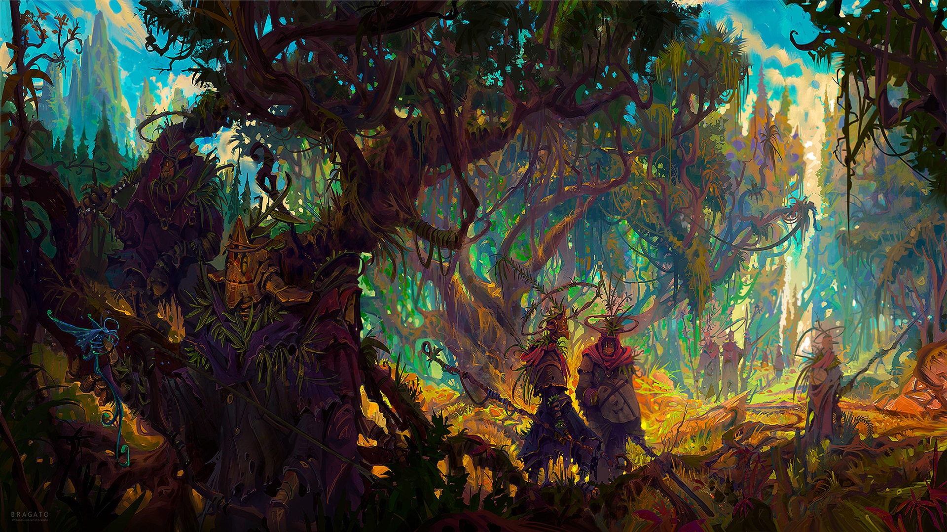 General 1920x1080 colorful forest fantasy art overgrown creature staff druids