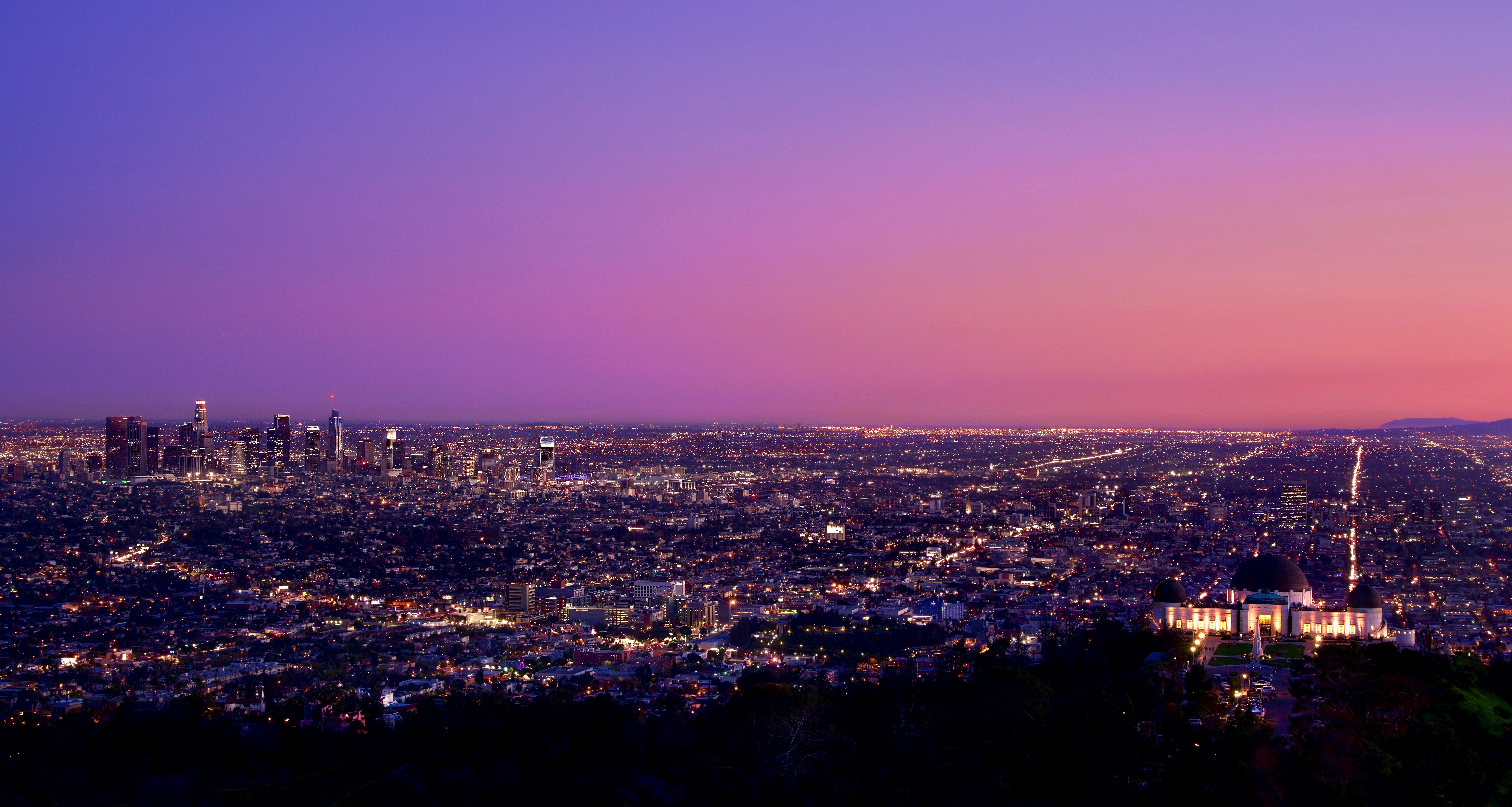 General 7952x4244 Los Angeles city sky lights city lights pink observatory Griffith Observatory dusk ultrawide