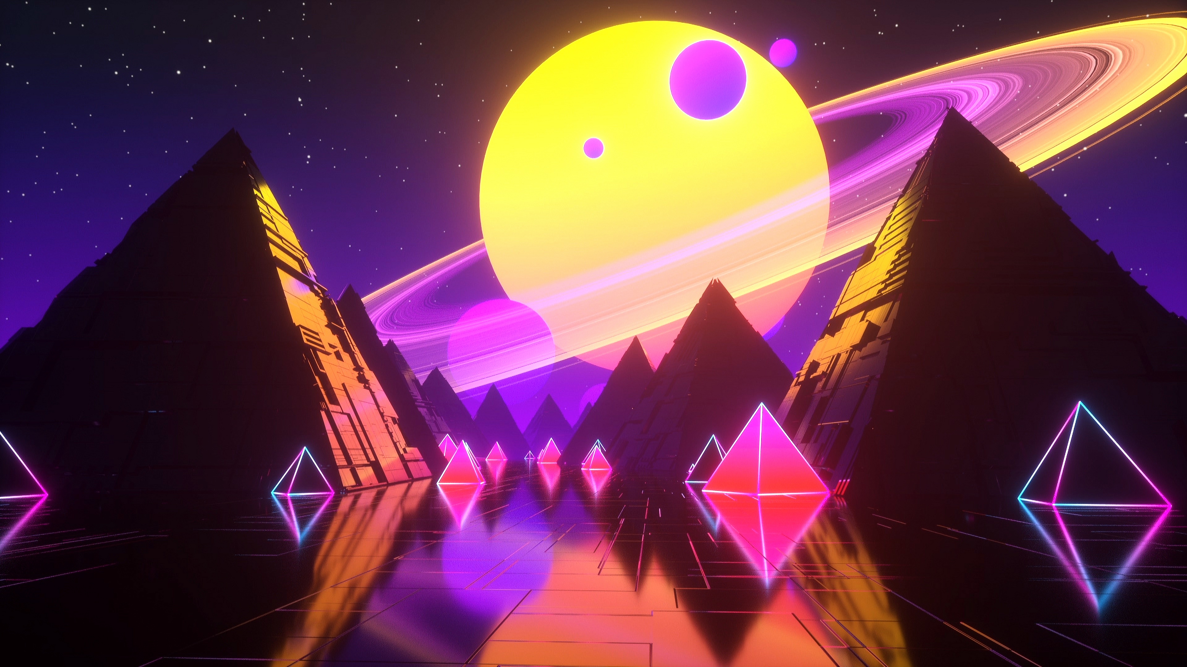 General 3840x2160 digital art synthwave colorful abstract planet planetary rings stars pyramid