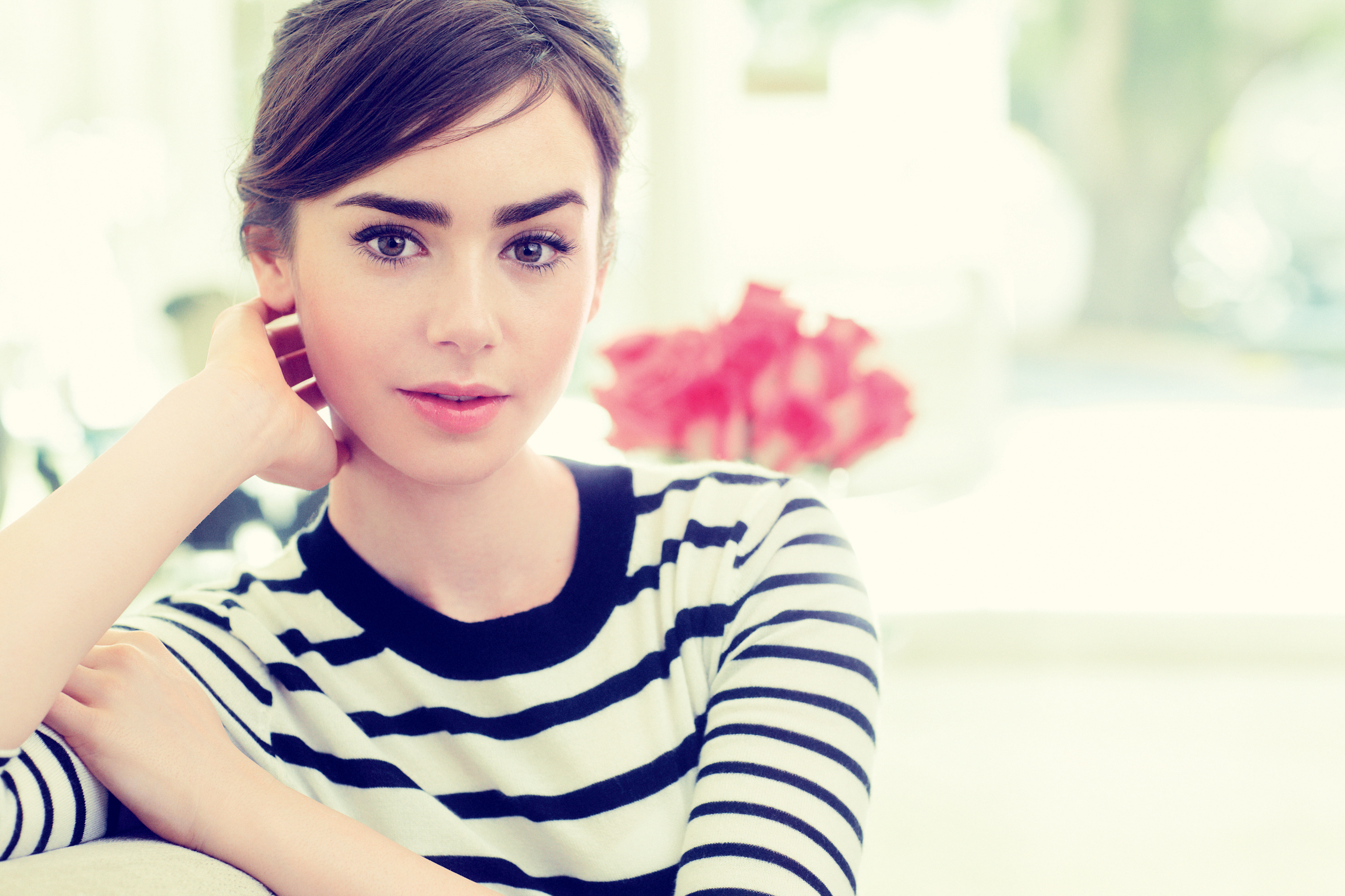 People 2953x1967 actress women Lily Collins long eyelashes portrait striped clothing pink lipstick closeup overexposed