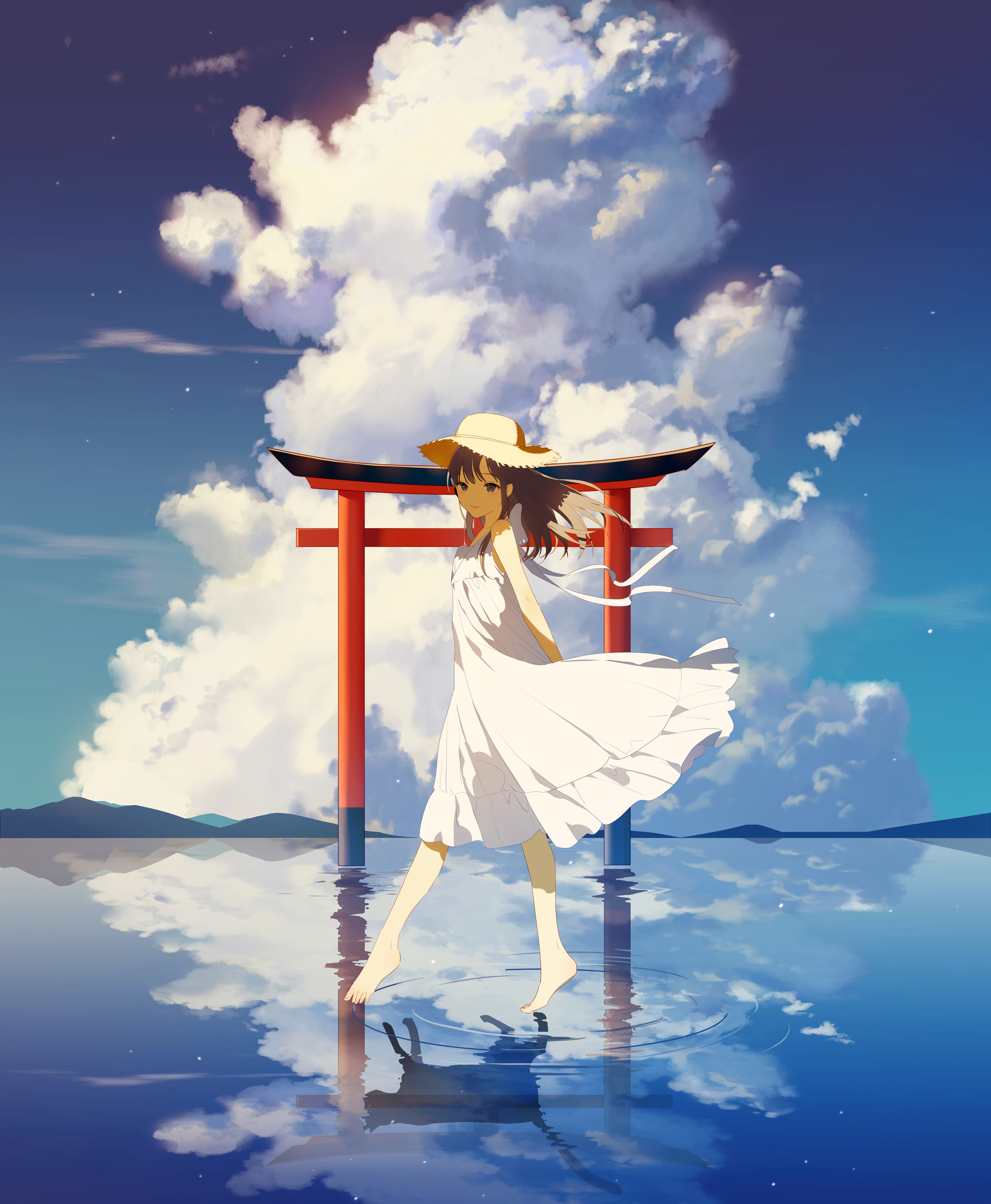 Anime 4000x4861 anime girls anime water sky clouds hat dress white dress sun dress zhibuji loom