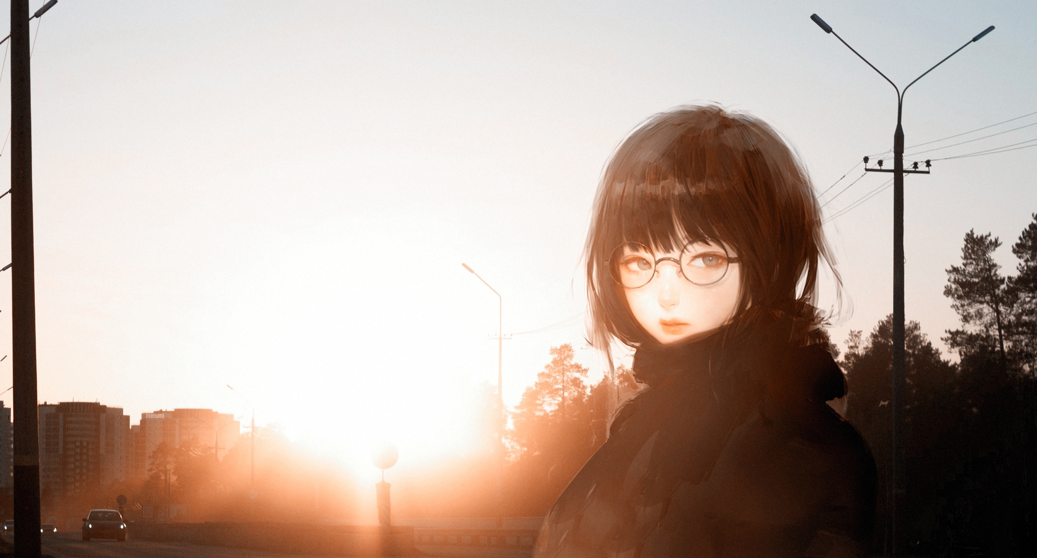 Anime 2041x1099 anime anime girls portrait glasses city