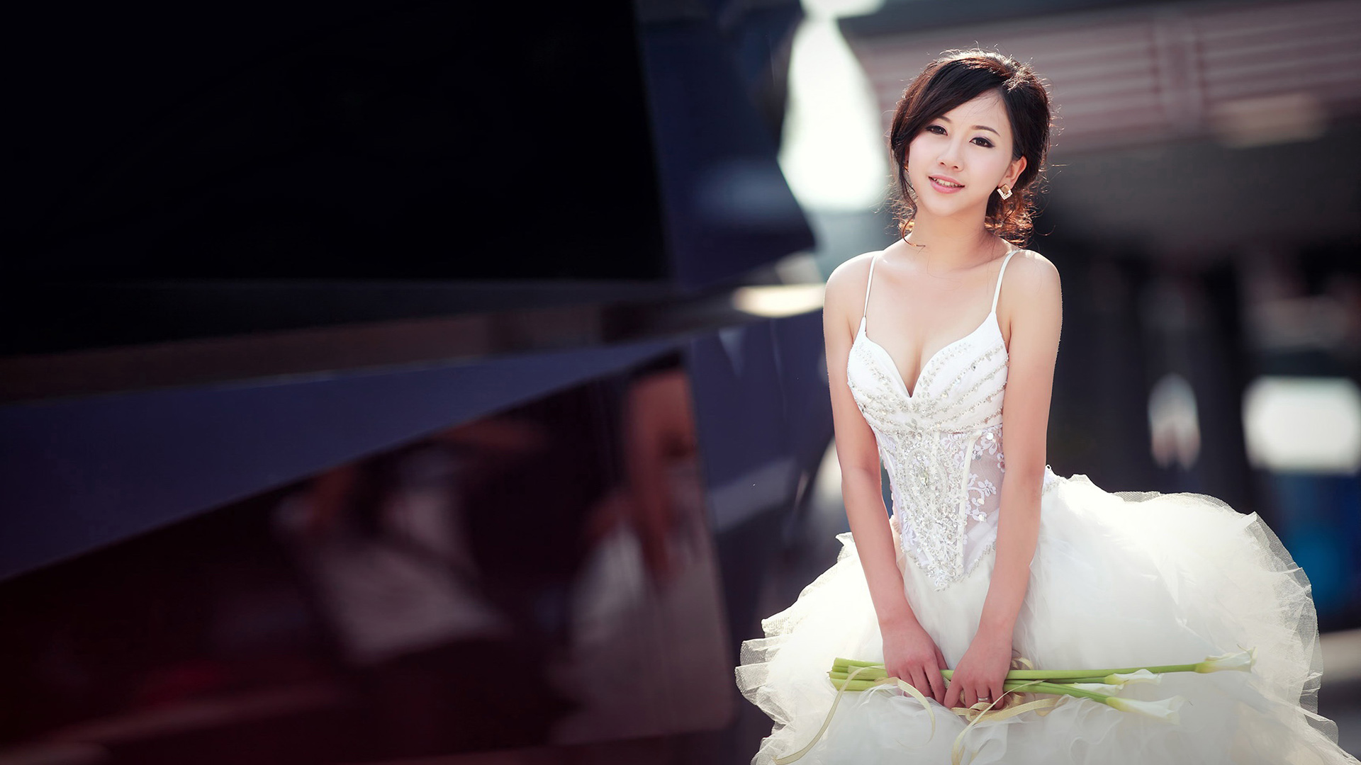 People 1920x1080 women model photography Asian wedding dress dress brides cleavage brunette portrait