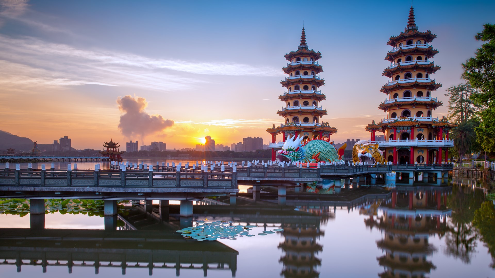 General 1920x1080 lake Kaohsiung reflection Taiwan clouds sky Asian architecture dragon tiger trees Lotus landscape Chinese dragon water city