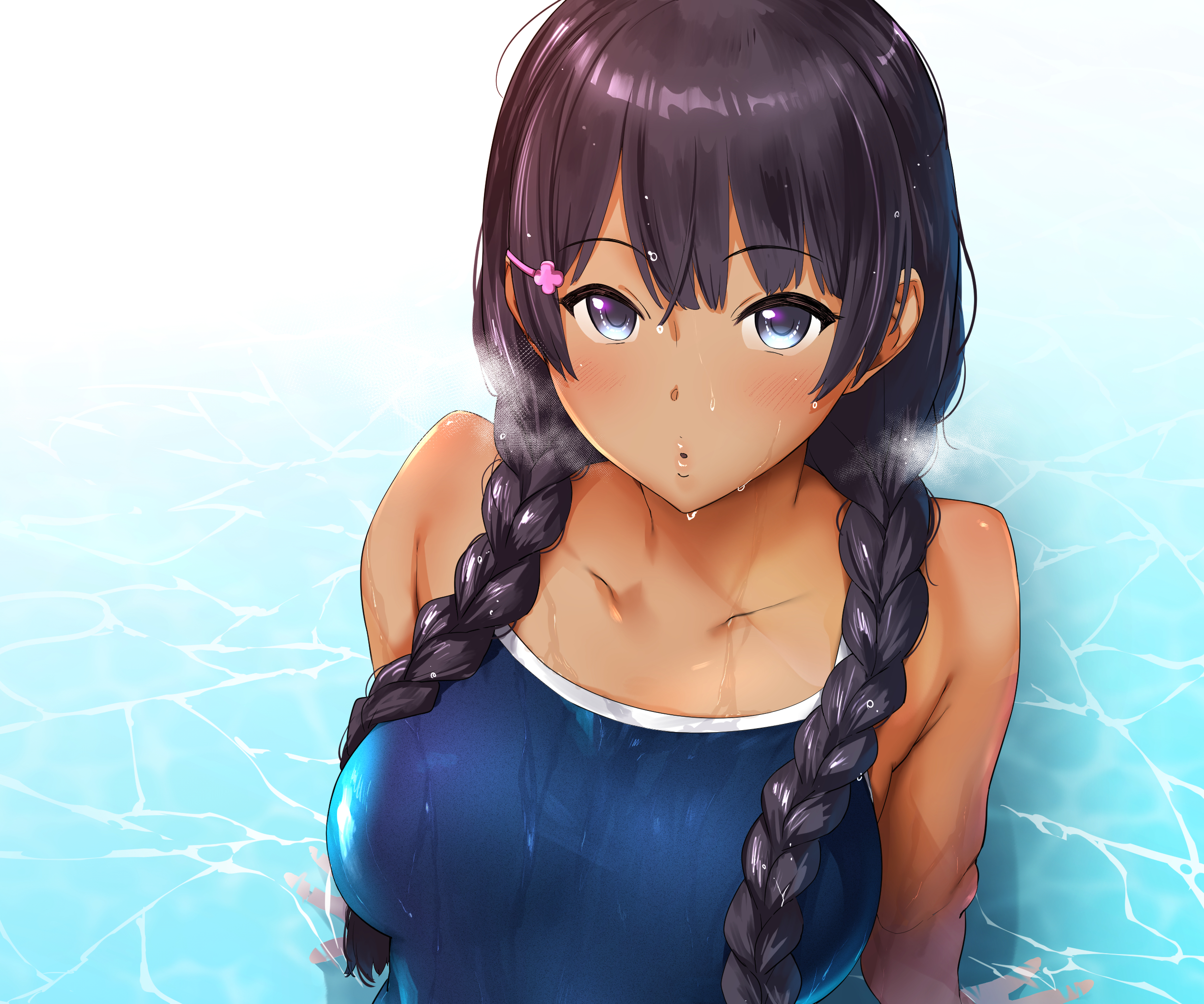 Anime 2508x2090 black hair blue eyes dark skin blushing wet water twintails braids long hair school swimsuits anime girls Pija Tsukino Mito