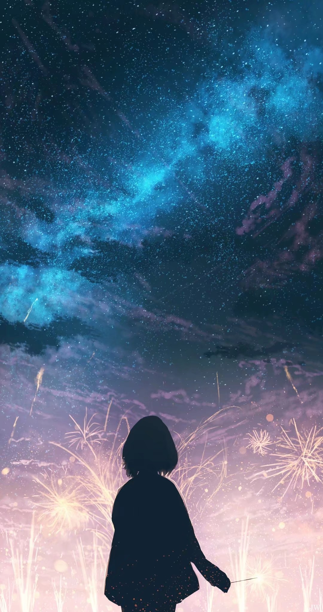 Anime 1080x2048 silhouette anime sky fireworks stars night sky