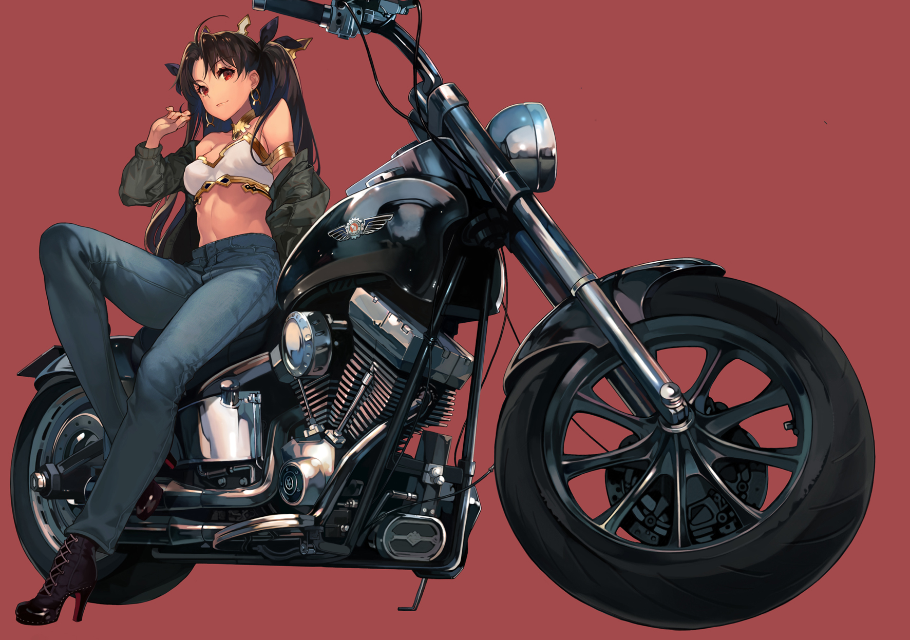 Anime 1772x1247 anime girls digital art artwork 2D portrait Fate series Fate/Grand Order Ishtar (Fate/Grand Order) motorcycle small boobs fan art red background low-angle oneko brunette red eyes jeans bikini top