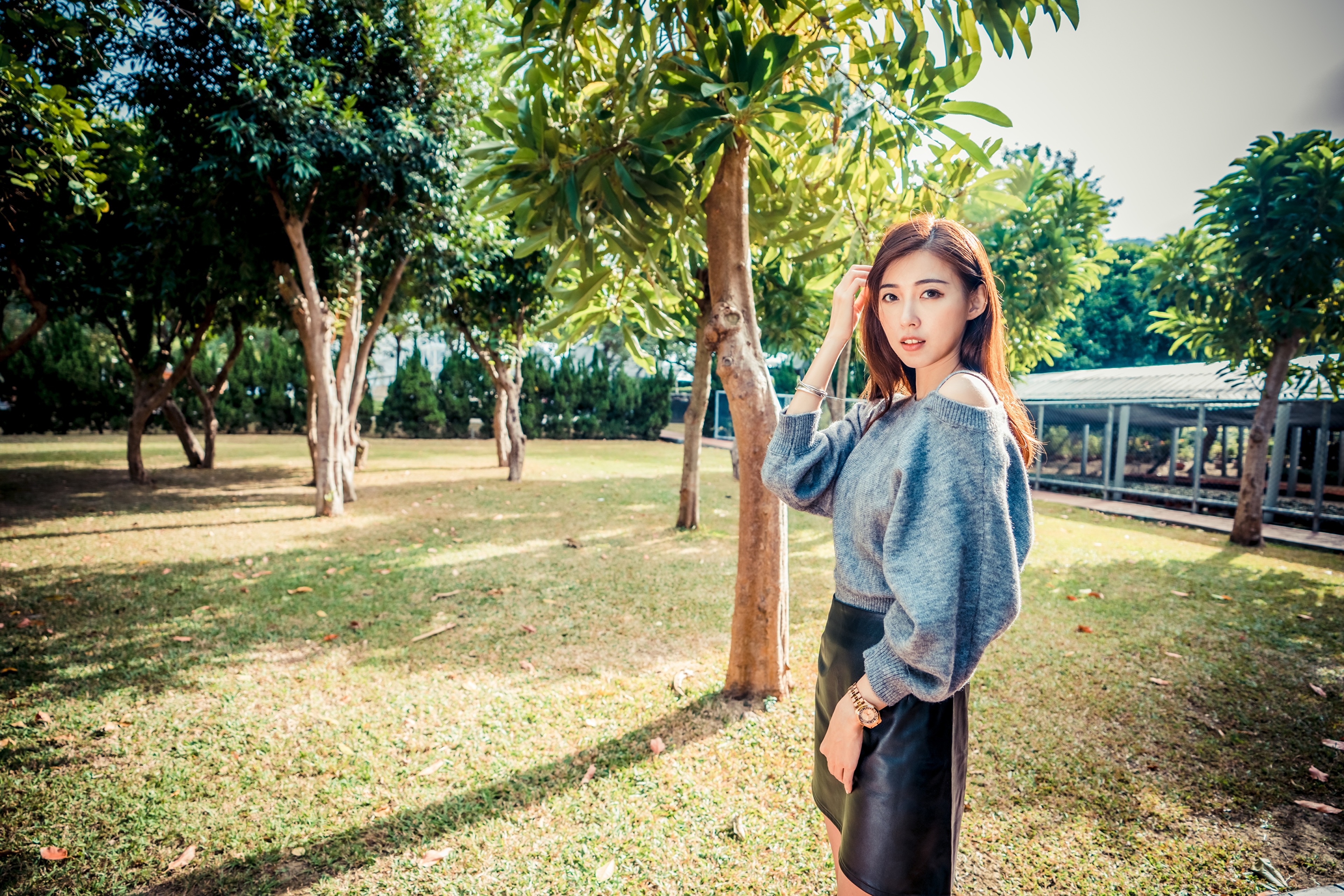 People 3840x2561 Asian women model plants trees sweater leather skirts pavilion grass brunette long hair
